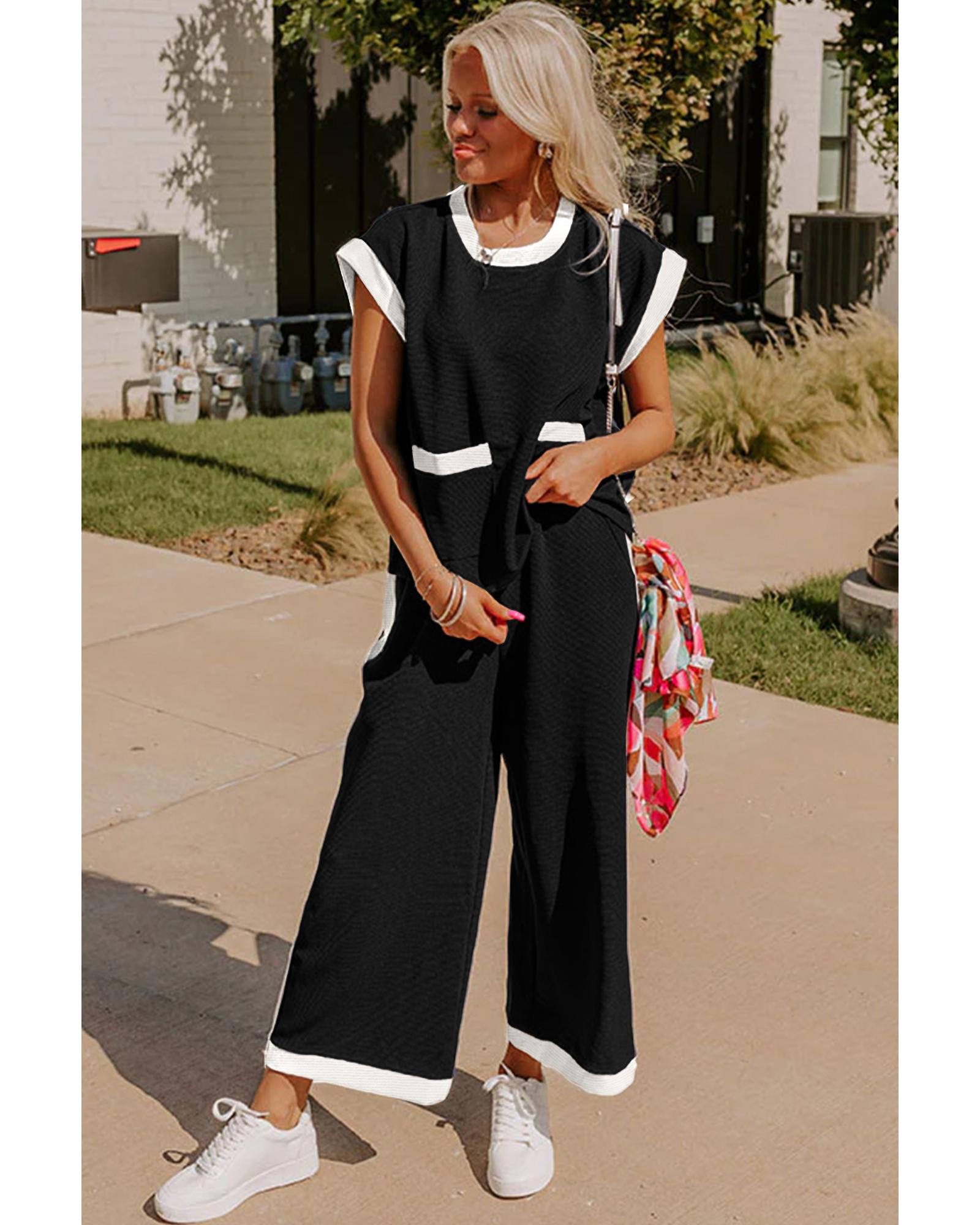 Black Color Block Pocketed T Shirt and Wide Leg Pants Set - L 3