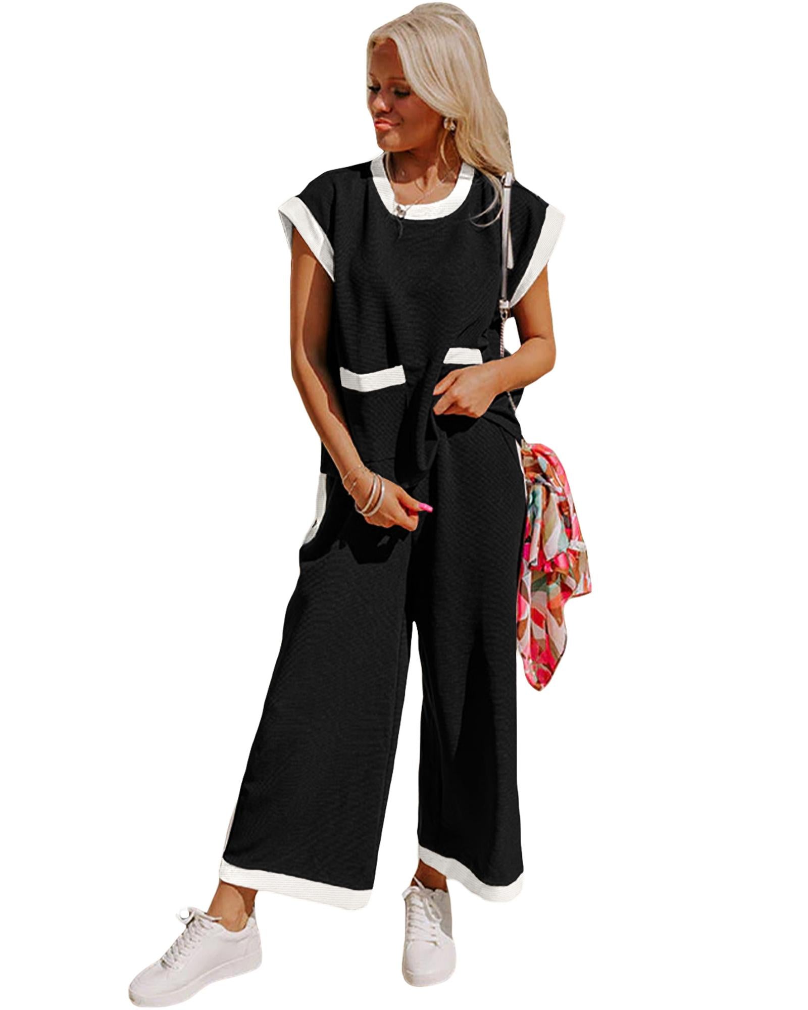 Black Color Block Pocketed T Shirt and Wide Leg Pants Set - L 4