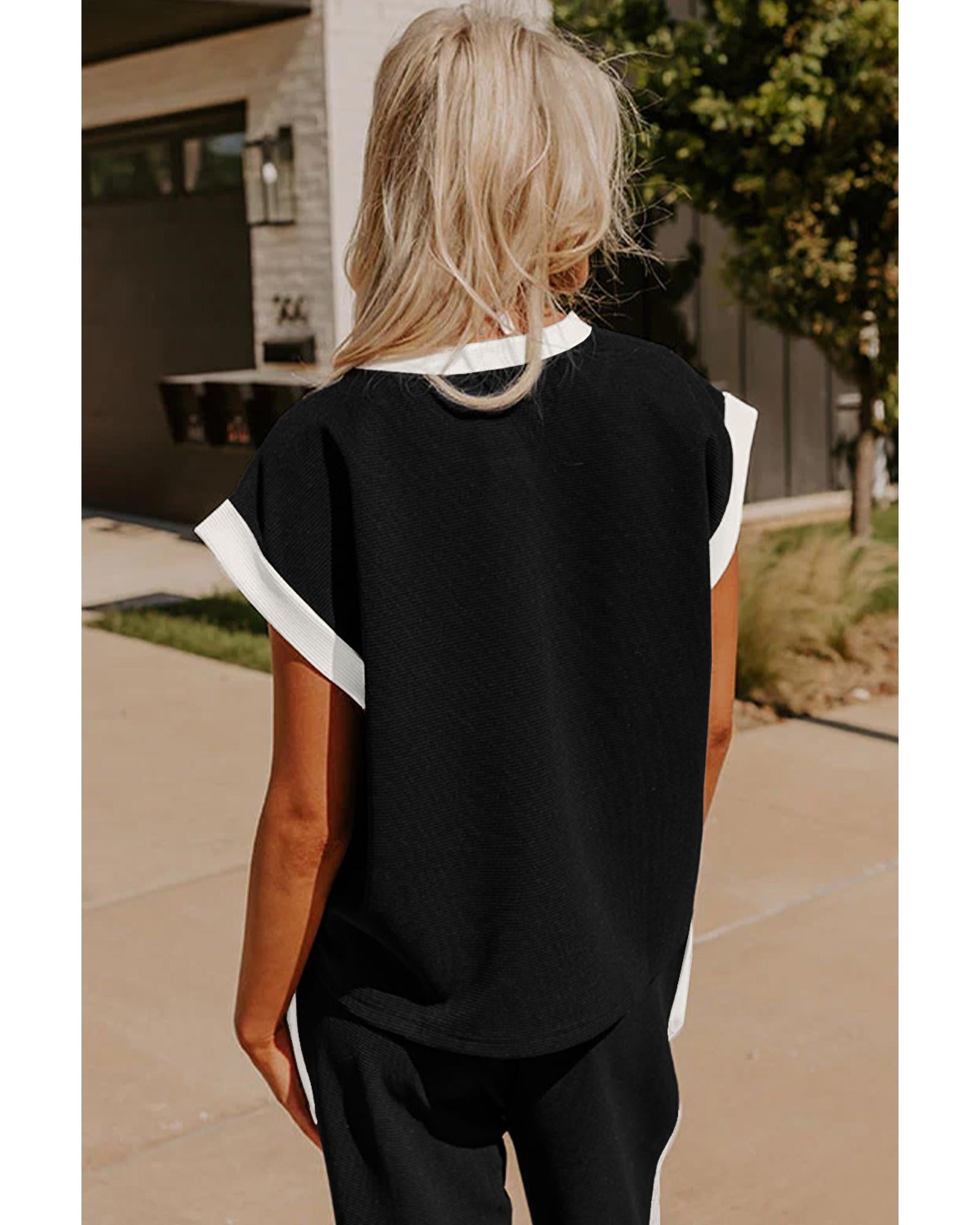 Black Color Block Pocketed T Shirt and Wide Leg Pants Set - M