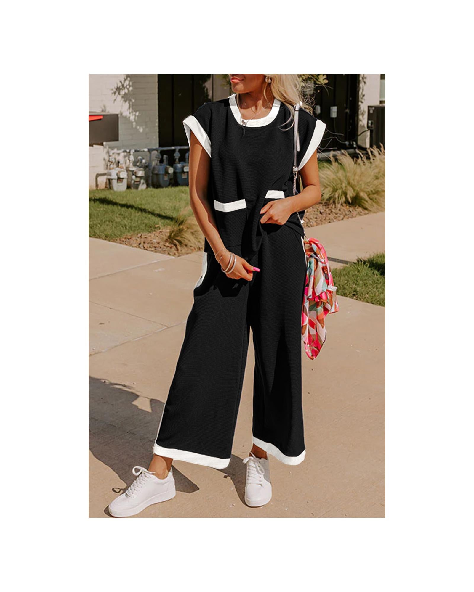 Black Color Block Pocketed T Shirt and Wide Leg Pants Set - XL