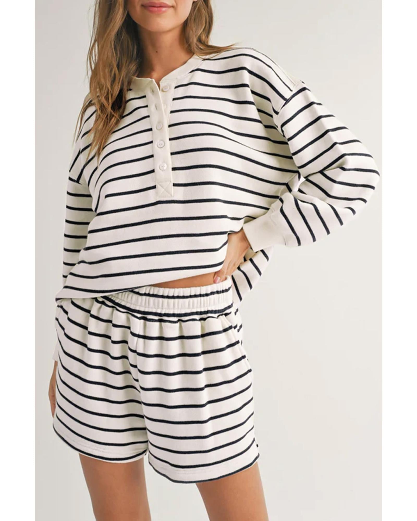 Black white Stripes Printed Half Button Long Sleeve Top and Shorts Set - L