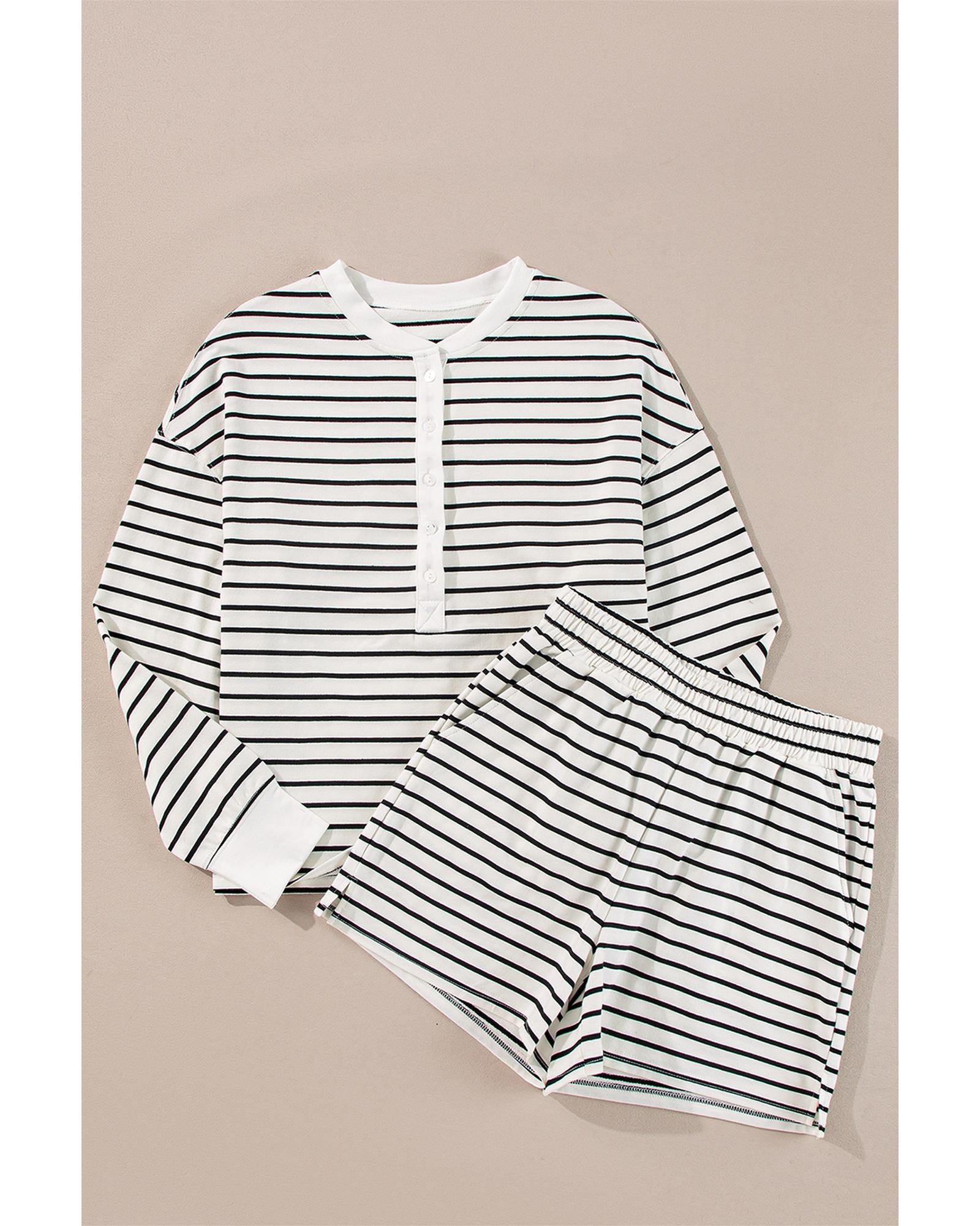 Black white Stripes Printed Half Button Long Sleeve Top and Shorts Set - M 4