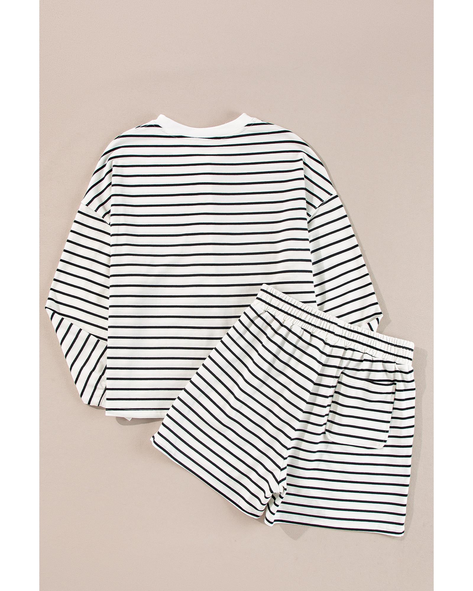 Black white Stripes Printed Half Button Long Sleeve Top and Shorts Set - M 6
