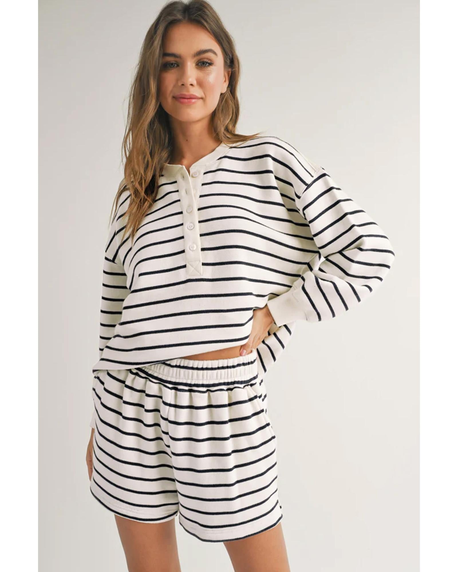 Black white Stripes Printed Half Button Long Sleeve Top and Shorts Set - M 7