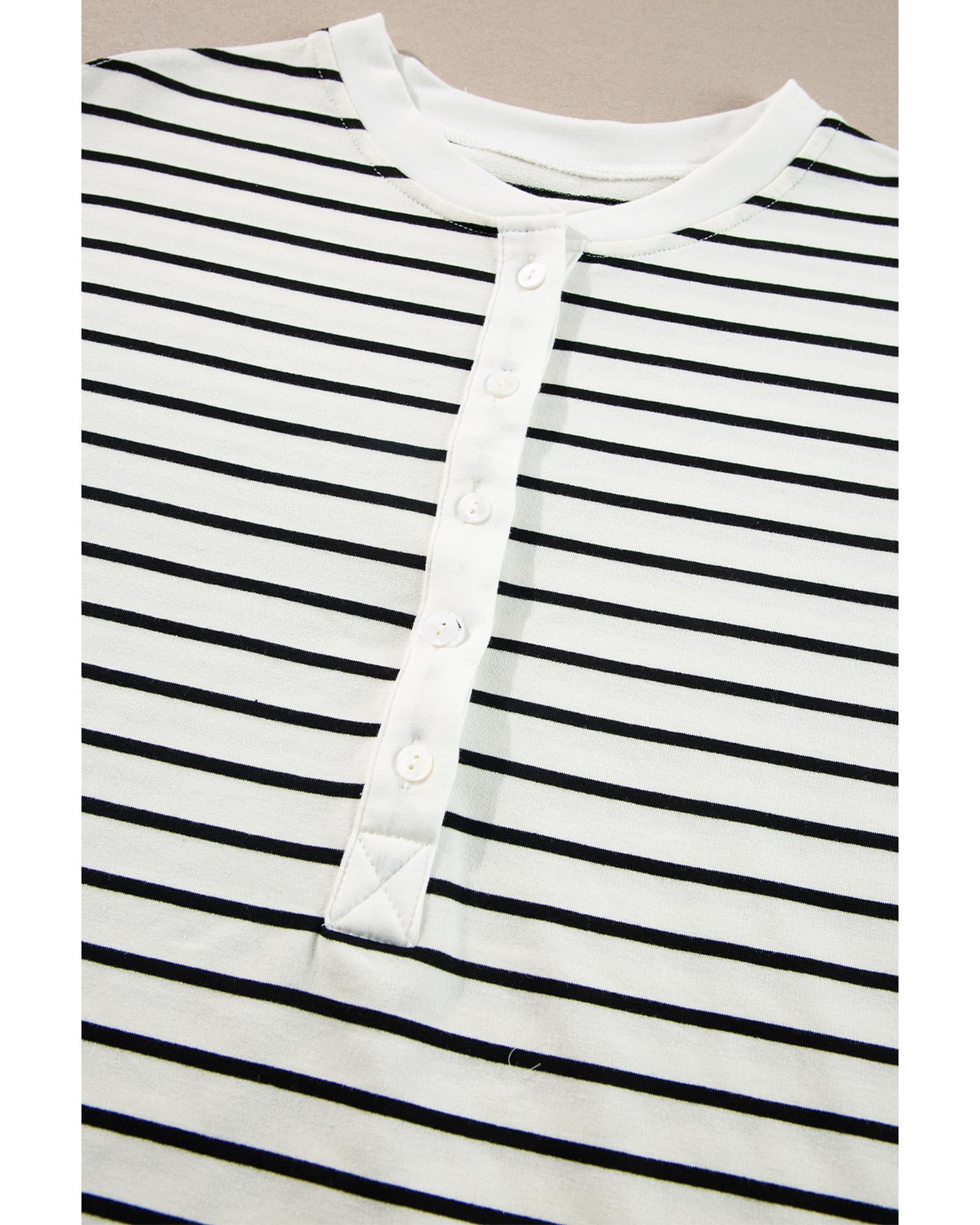 Black white Stripes Printed Half Button Long Sleeve Top and Shorts Set - M 8
