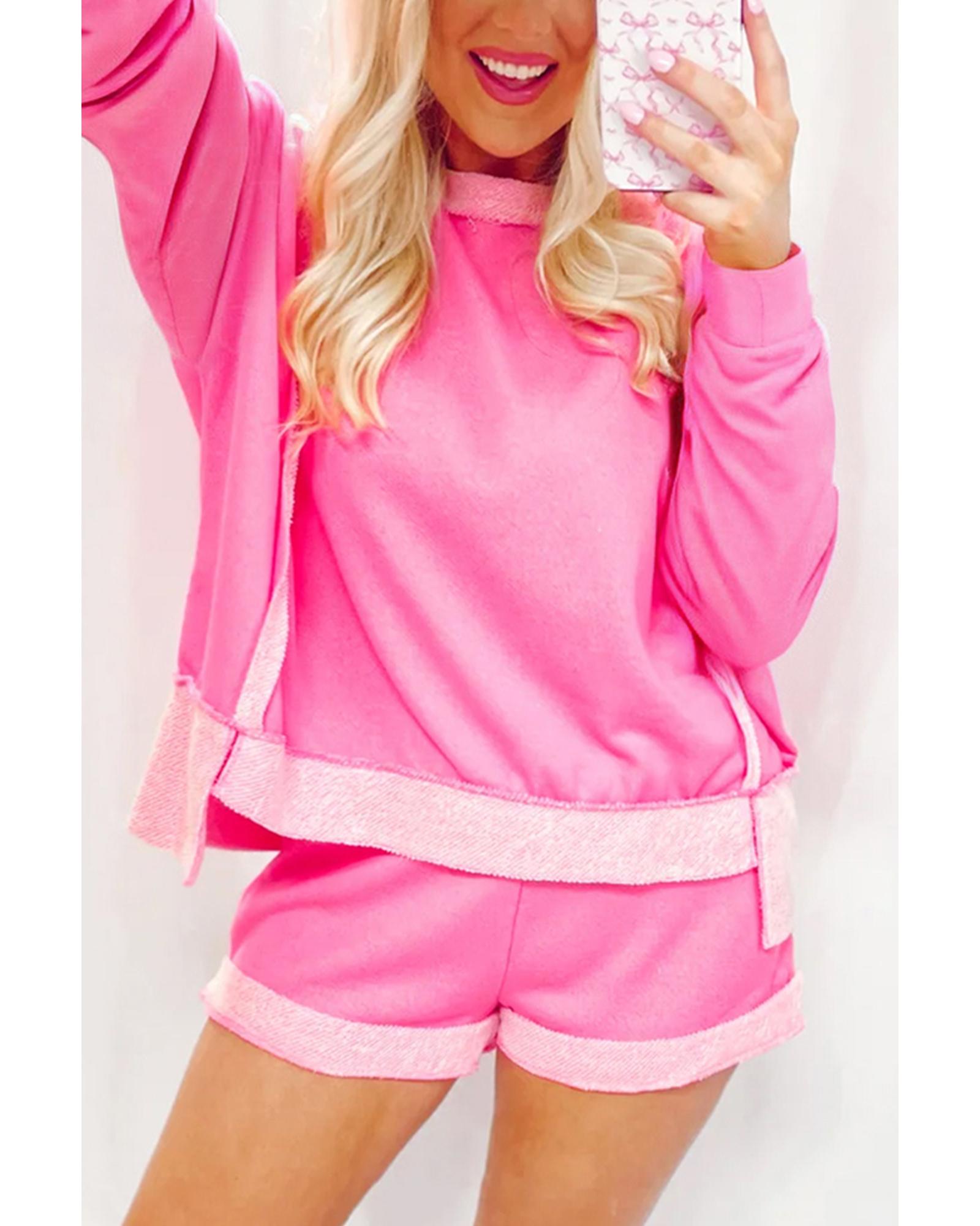 Sachet Pink High Low Patchwork Long Sleeve Top and Shorts Set - XL 5