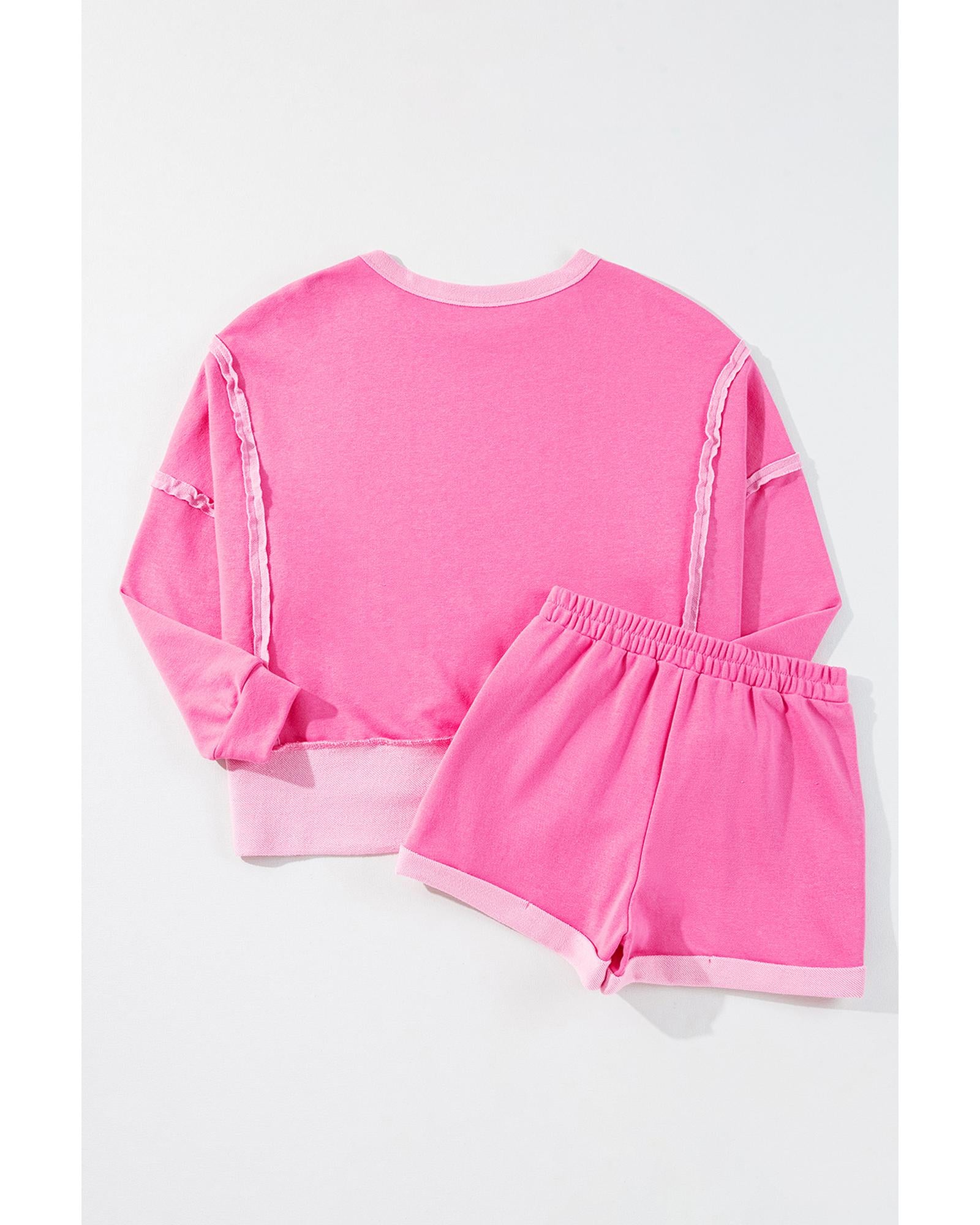 Sachet Pink High Low Patchwork Long Sleeve Top and Shorts Set - XL 6
