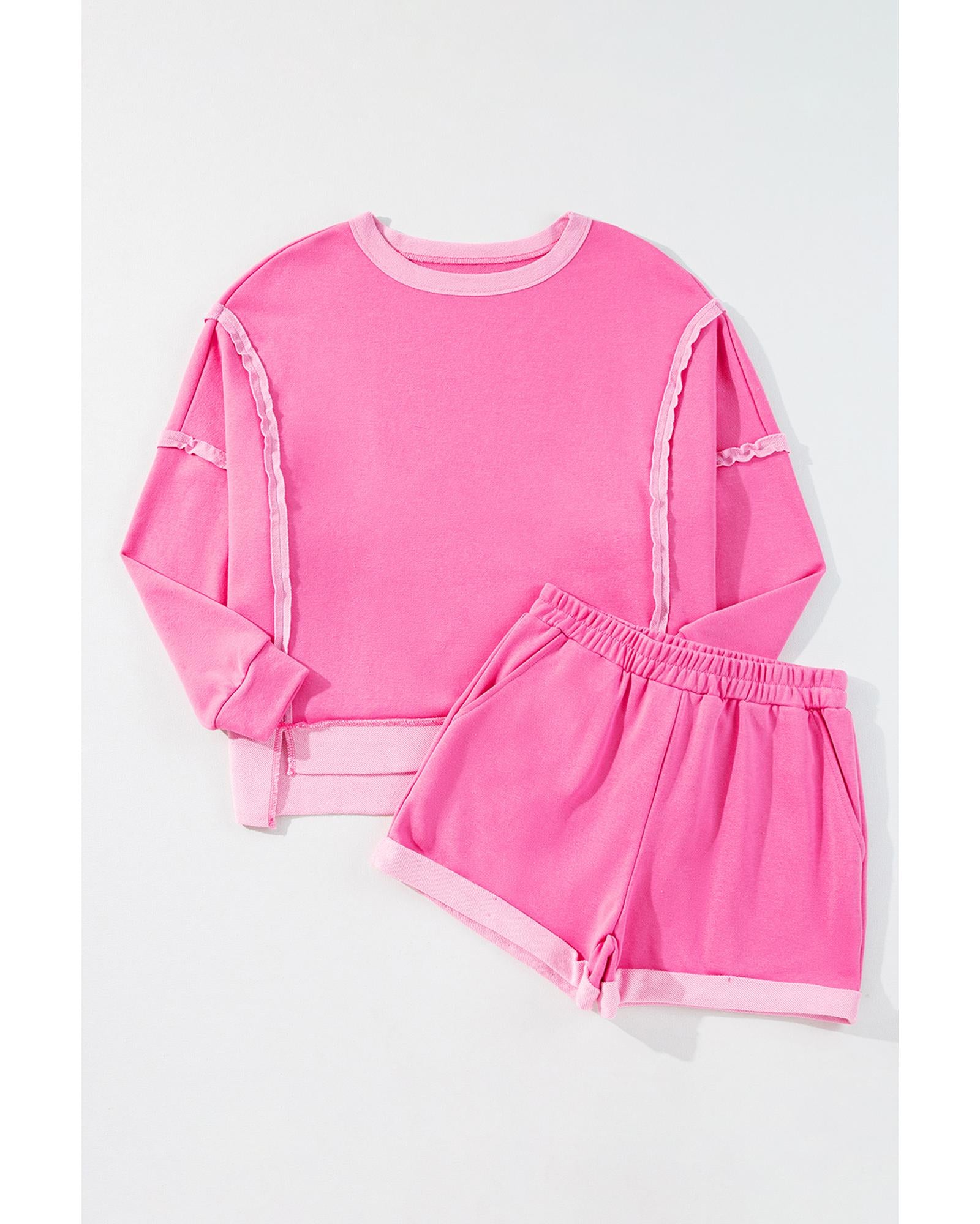 Sachet Pink High Low Patchwork Long Sleeve Top and Shorts Set - XL 7