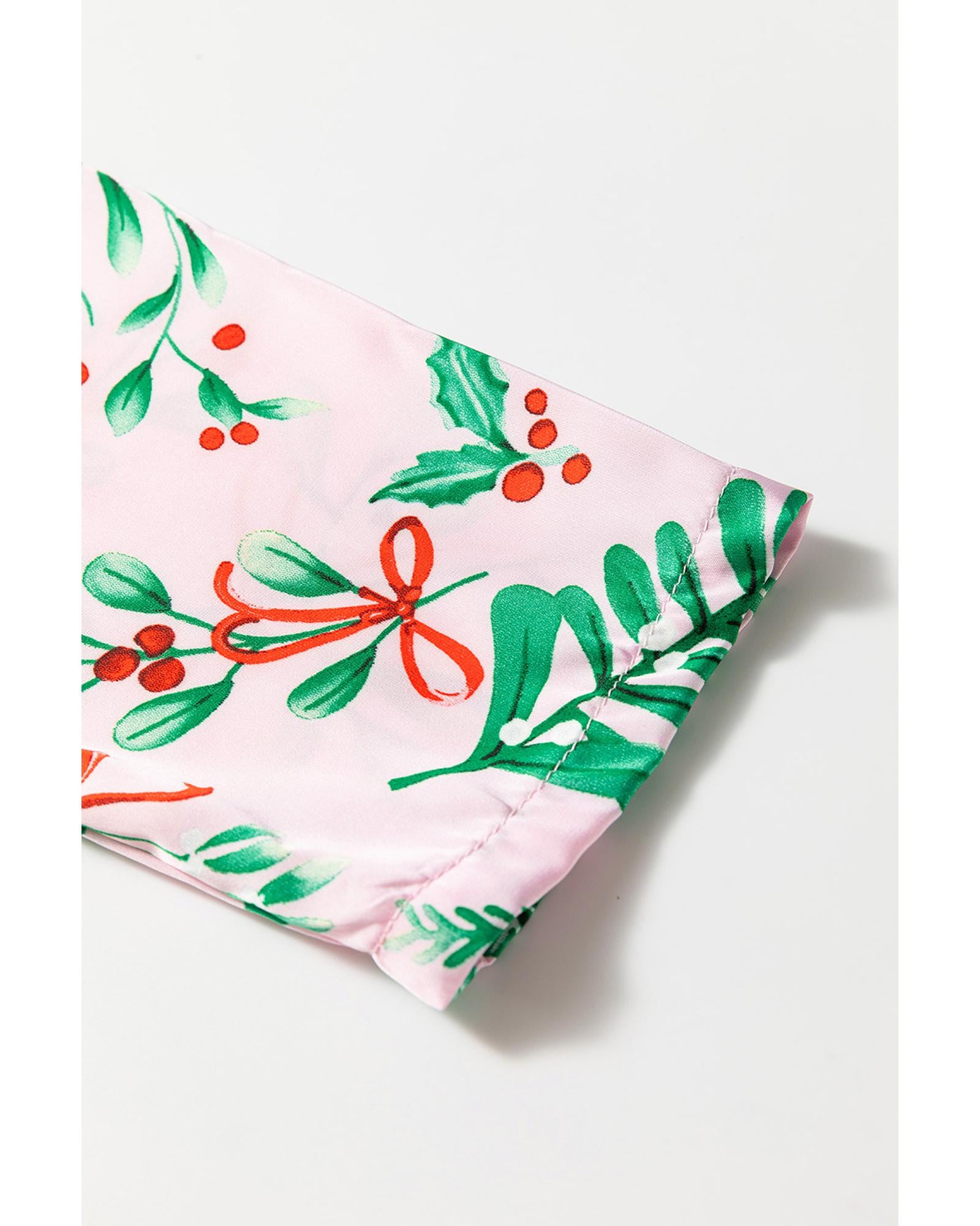 Pink Christmas Berries Plant Print Satin Long Sleeve Pajama Set - L 3