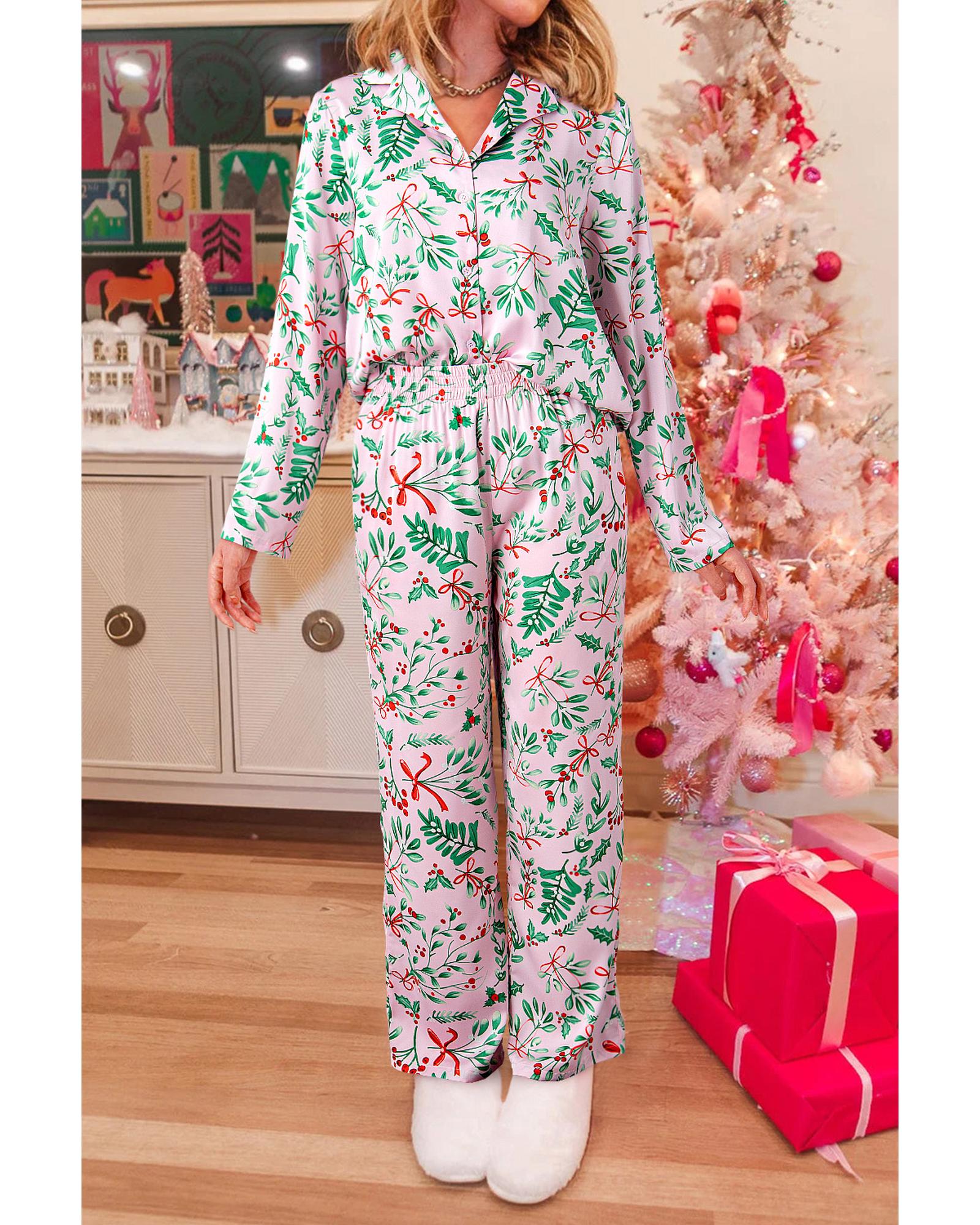 Pink Christmas Berries Plant Print Satin Long Sleeve Pajama Set - L 5