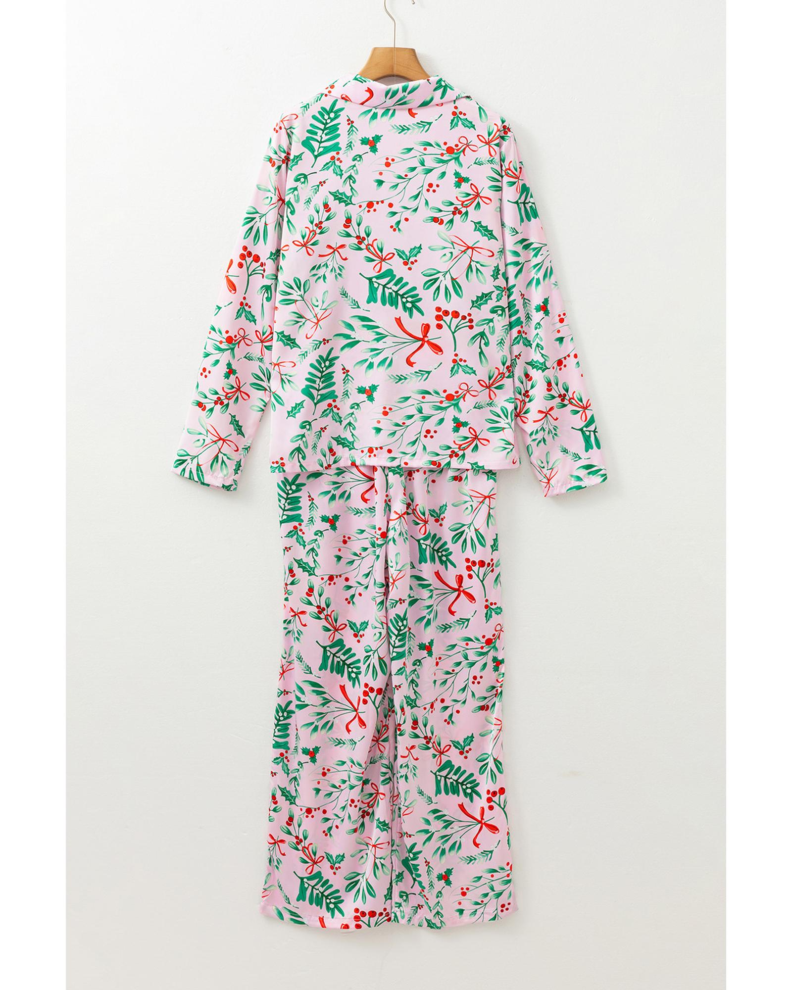 Pink Christmas Berries Plant Print Satin Long Sleeve Pajama Set - L 6