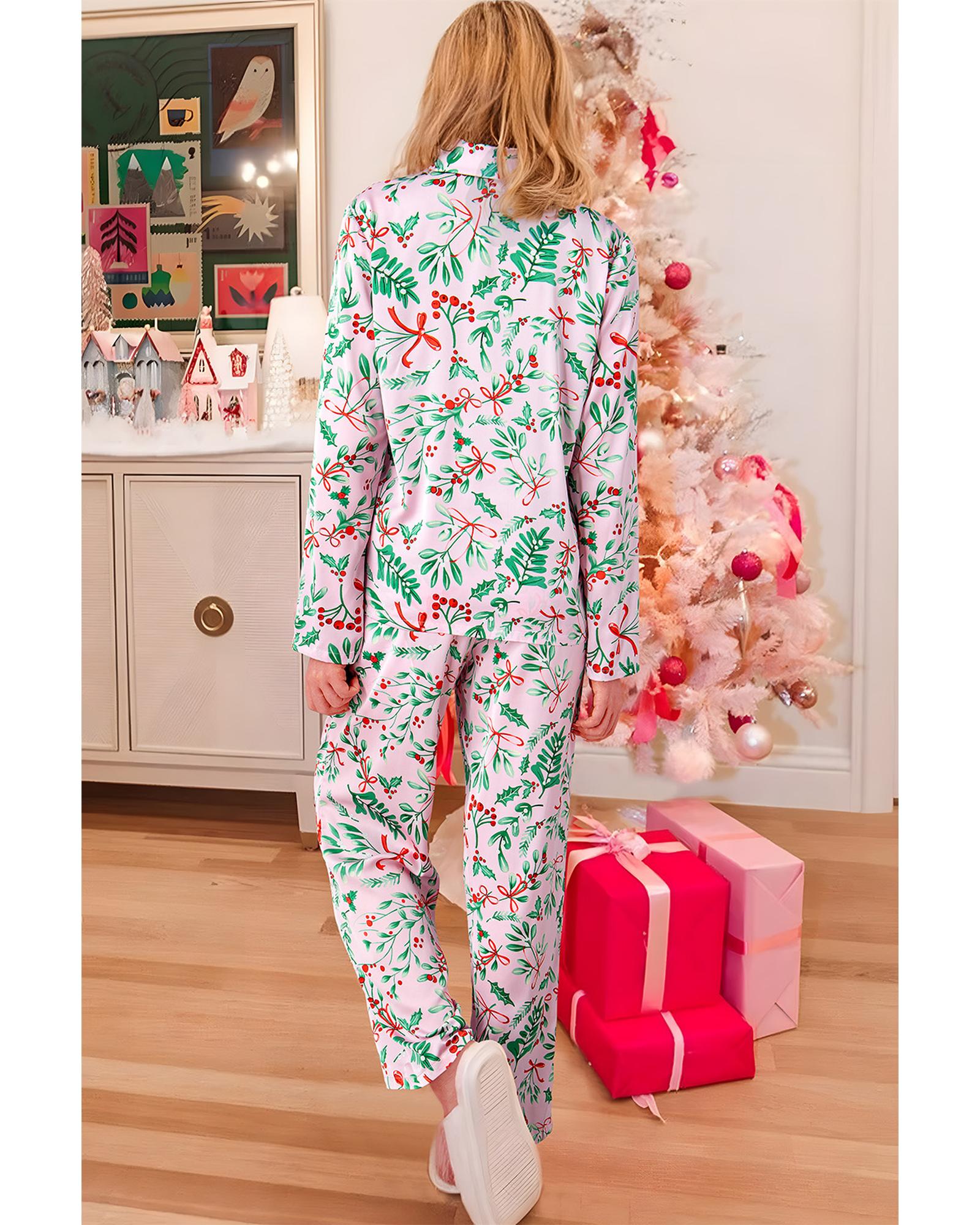 Pink Christmas Berries Plant Print Satin Long Sleeve Pajama Set - XL 3