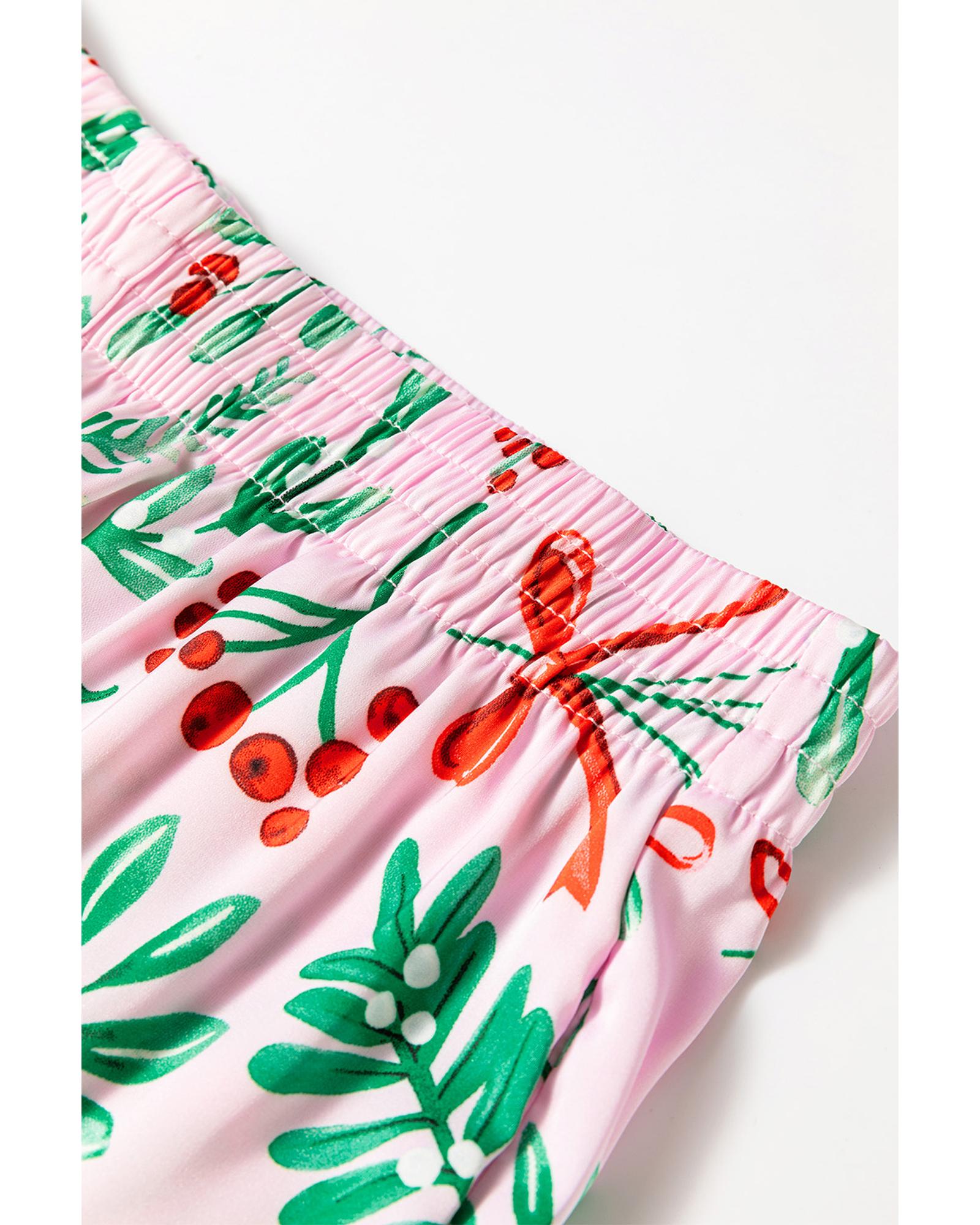 Pink Christmas Berries Plant Print Satin Long Sleeve Pajama Set - XL 5