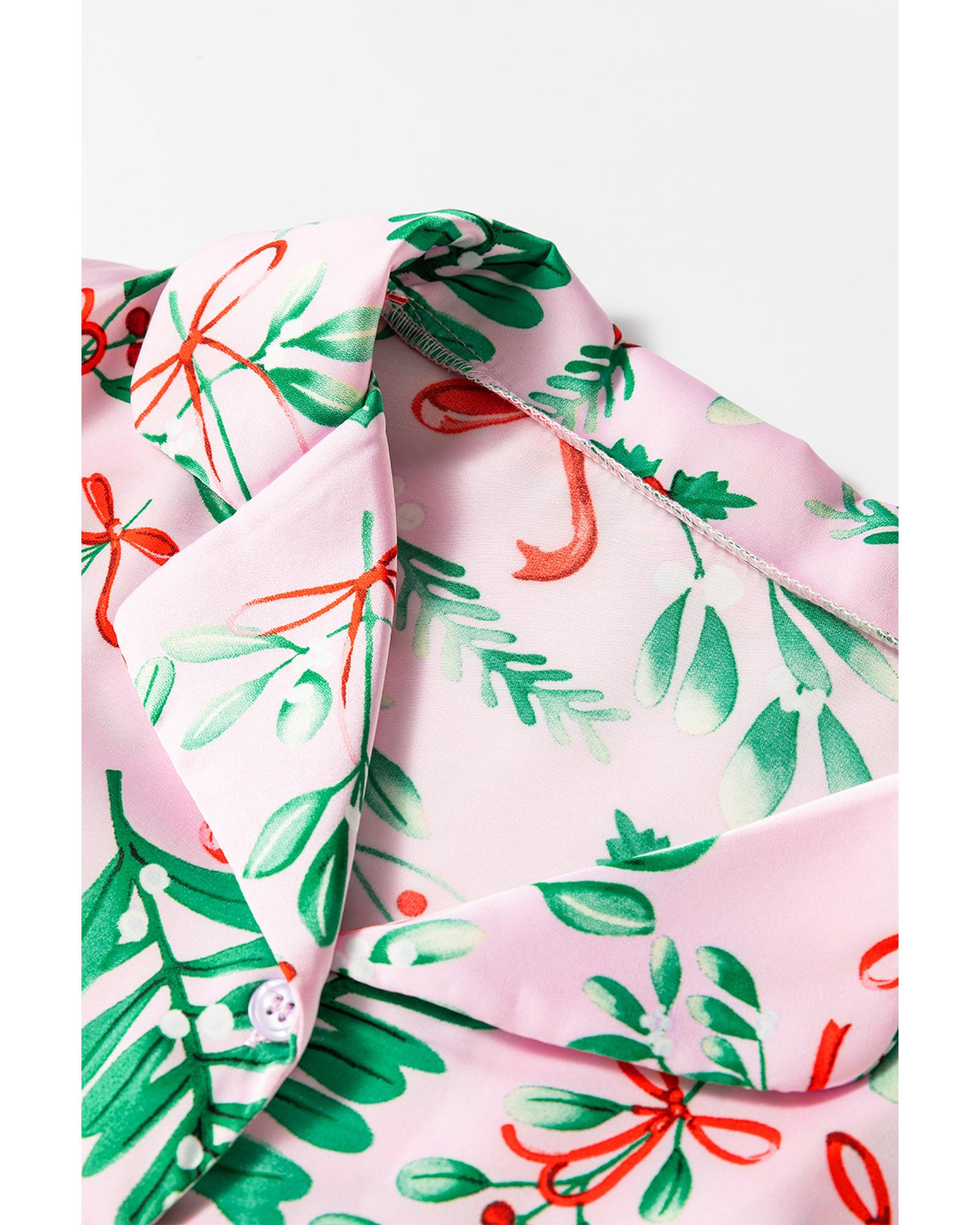 Pink Christmas Berries Plant Print Satin Long Sleeve Pajama Set - XL 8