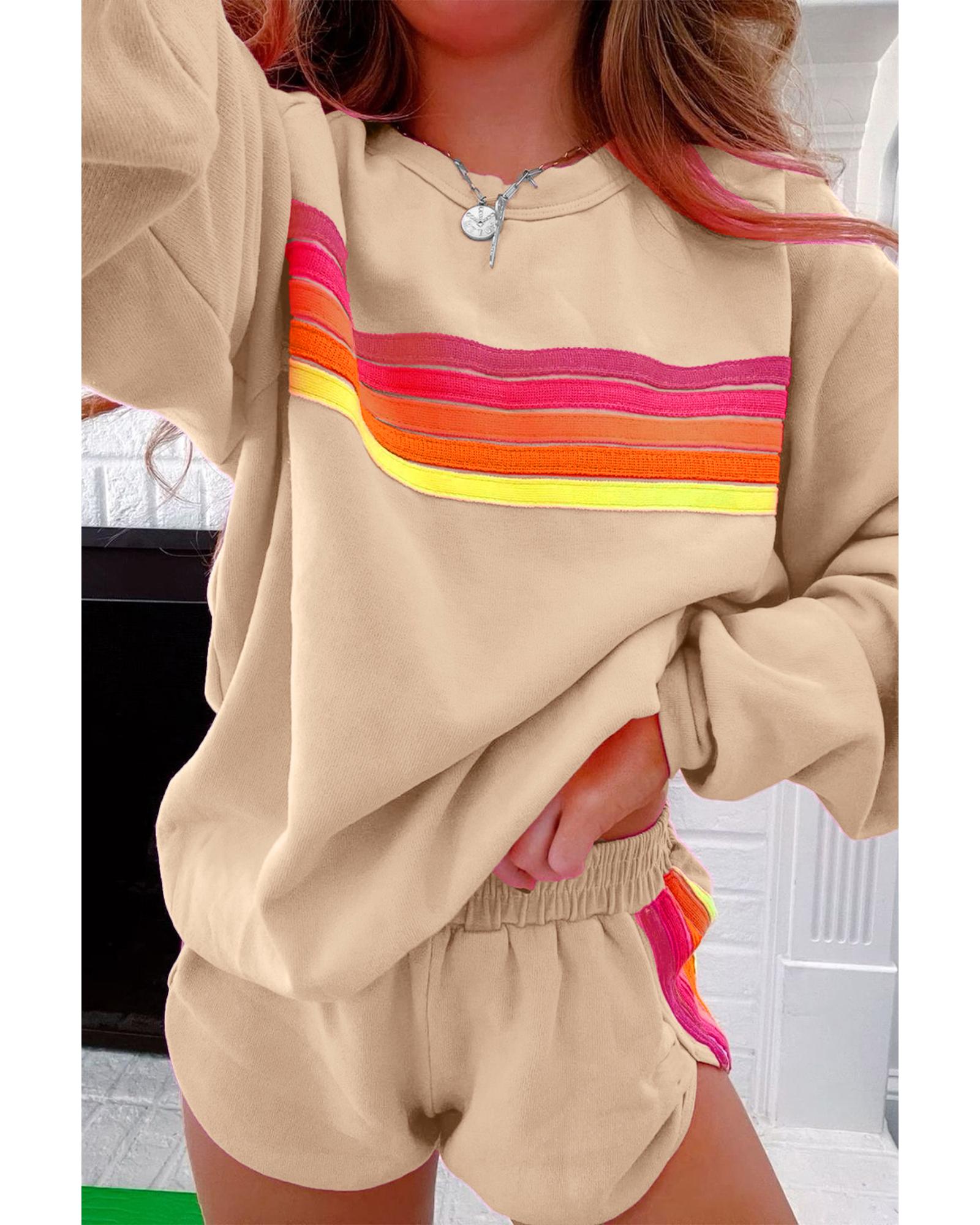 Apricot Striped Accent Pullover and Shorts Two Piece Casual Set - L