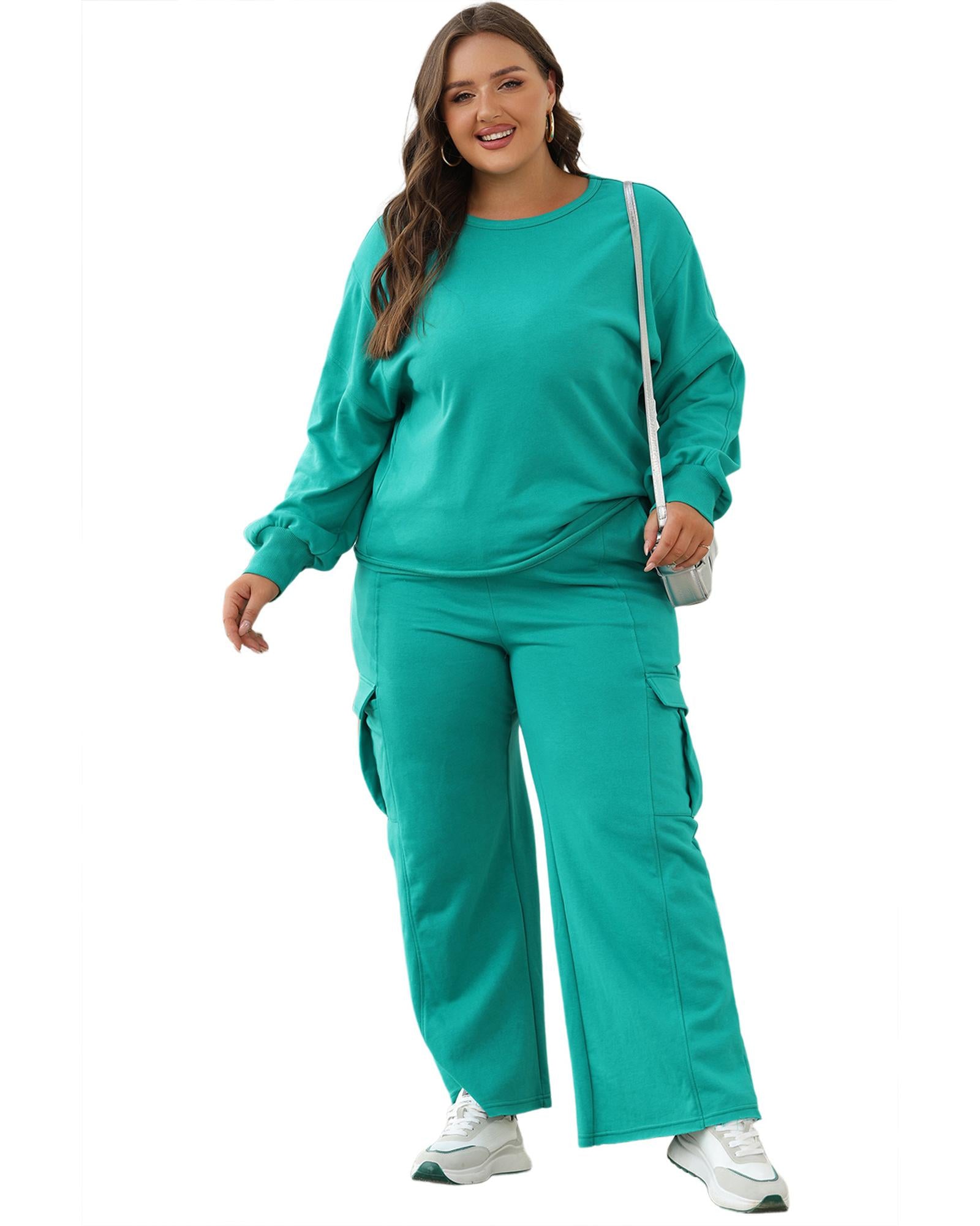 Solid Color Pullover Top and Cargo Pants Set - 3XL