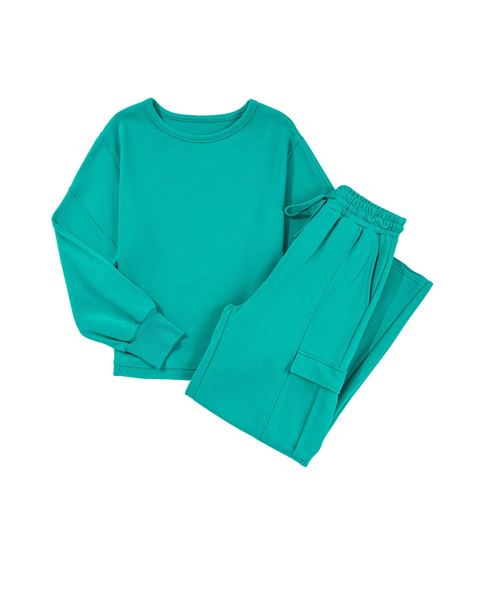 Solid Color Pullover Top and Cargo Pants Set - L 5