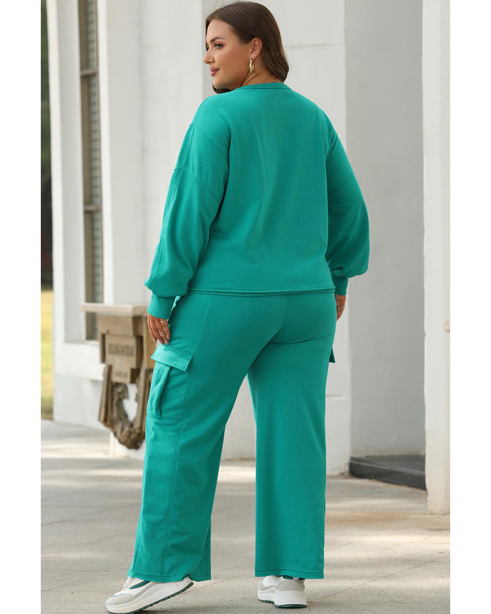 Solid Color Pullover Top and Cargo Pants Set - XL