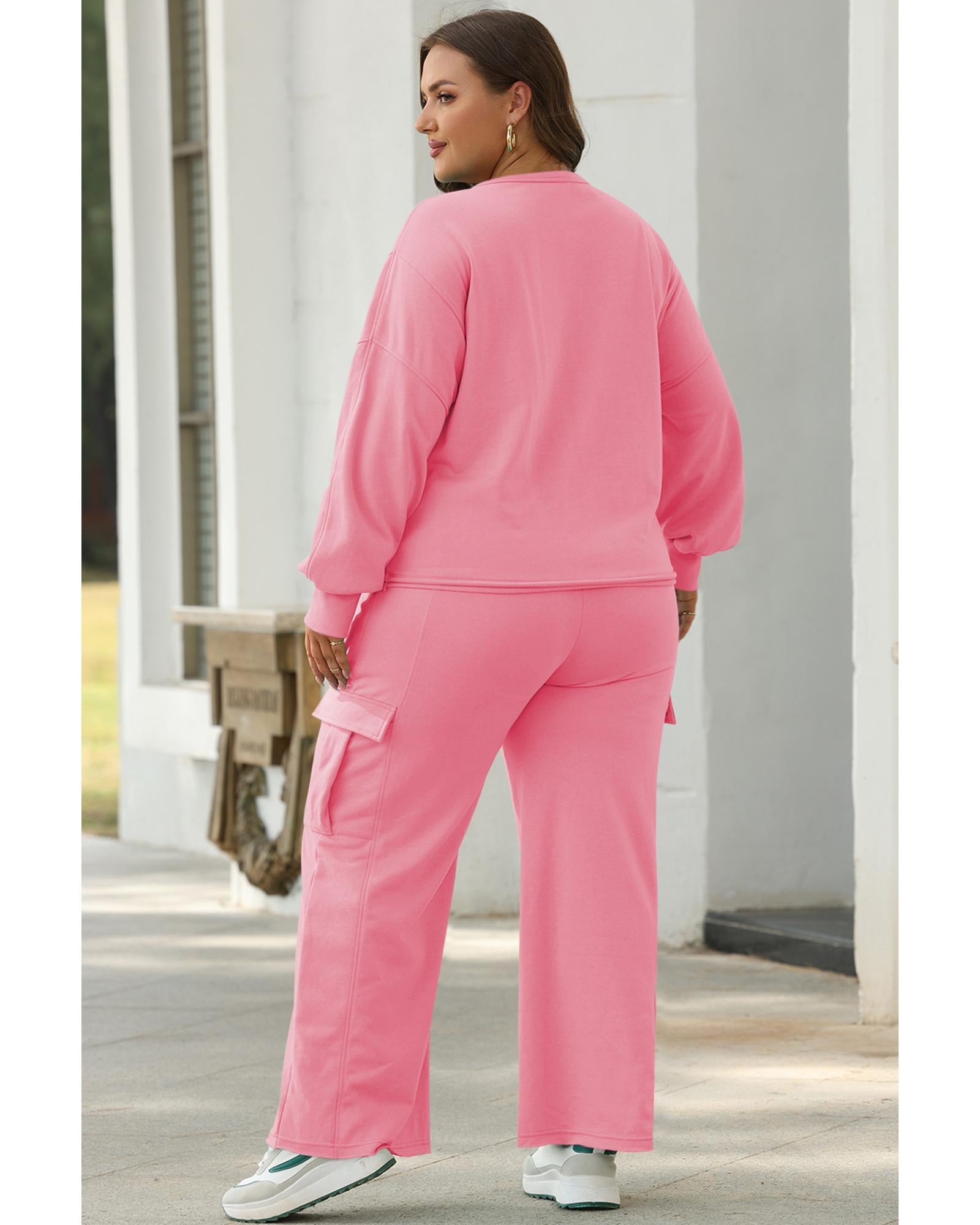 Sachet Pink Solid Color Patchwork Pullover Top and Cargo Pants Set - 2XL