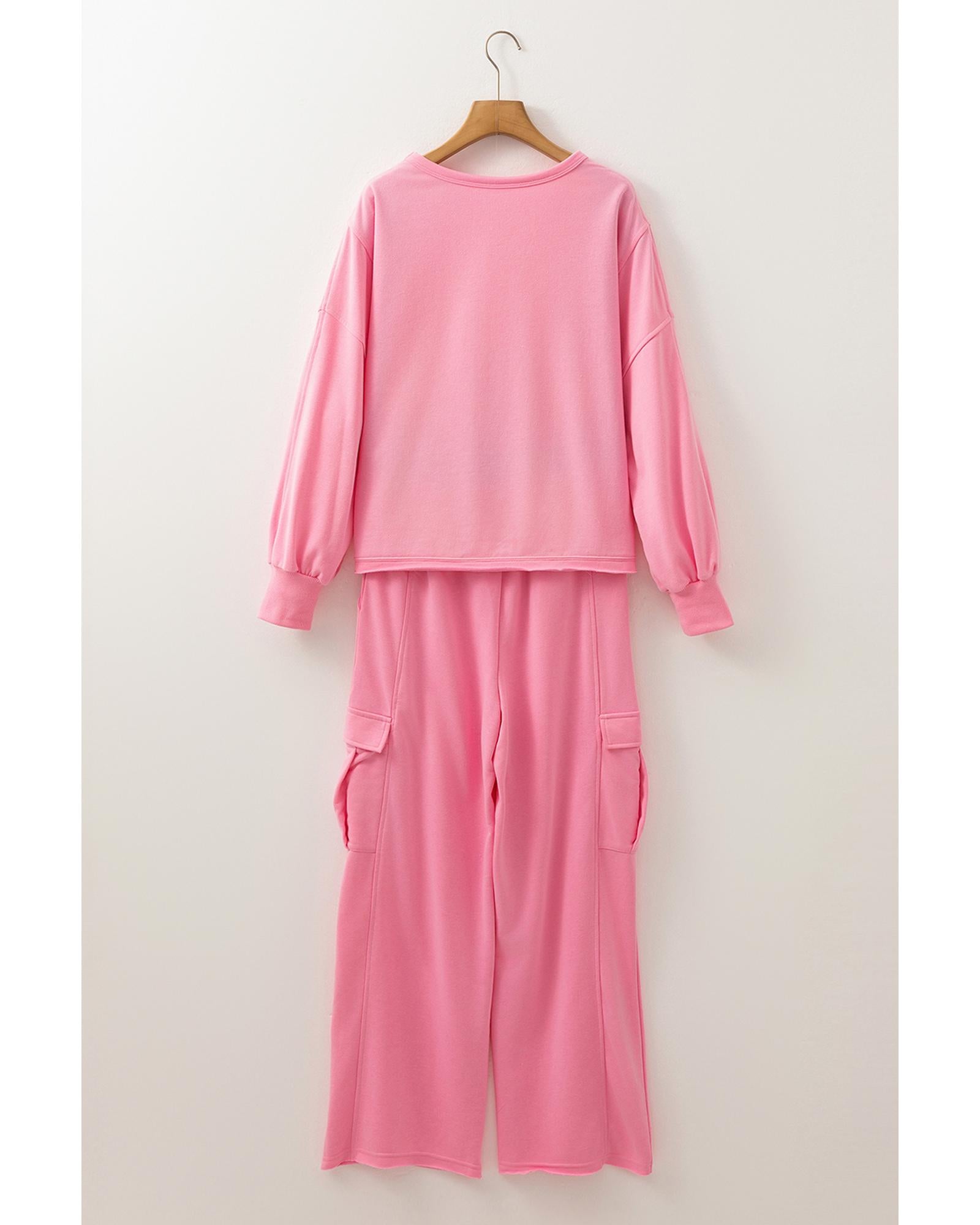 Sachet Pink Solid Color Patchwork Pullover Top and Cargo Pants Set - 3XL 4