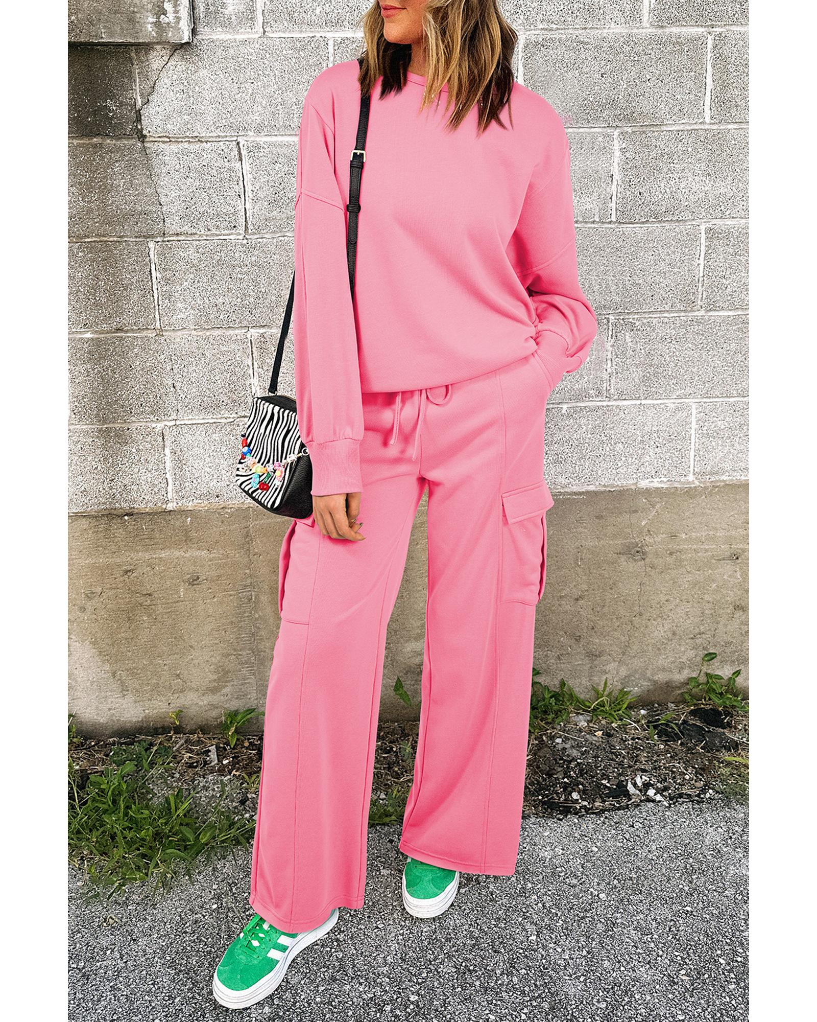 Sachet Pink Solid Color Patchwork Pullover Top and Cargo Pants Set - 3XL 5