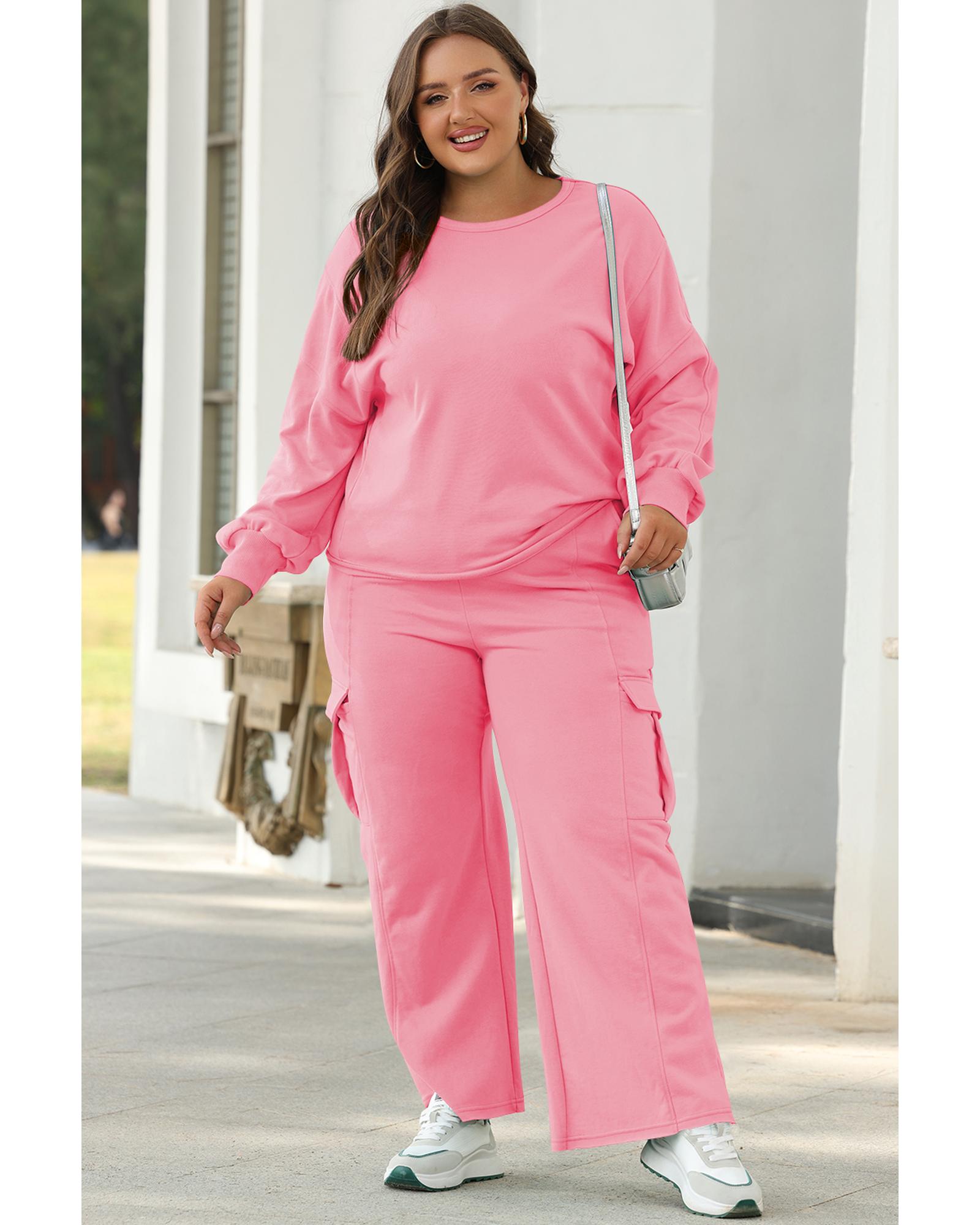 Sachet Pink Solid Color Patchwork Pullover Top and Cargo Pants Set - 3XL 7
