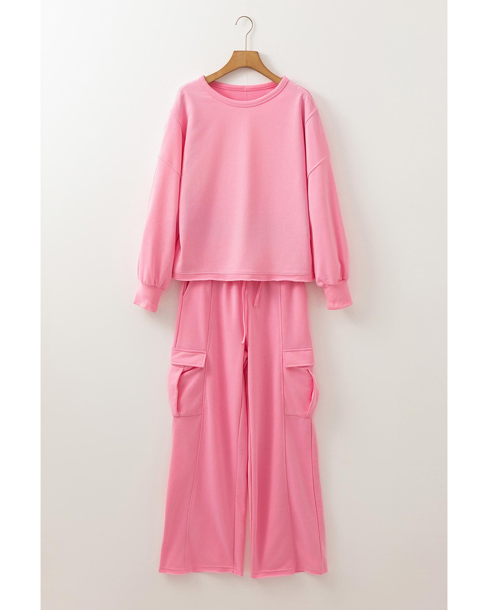 Sachet Pink Solid Color Patchwork Pullover Top and Cargo Pants Set - M