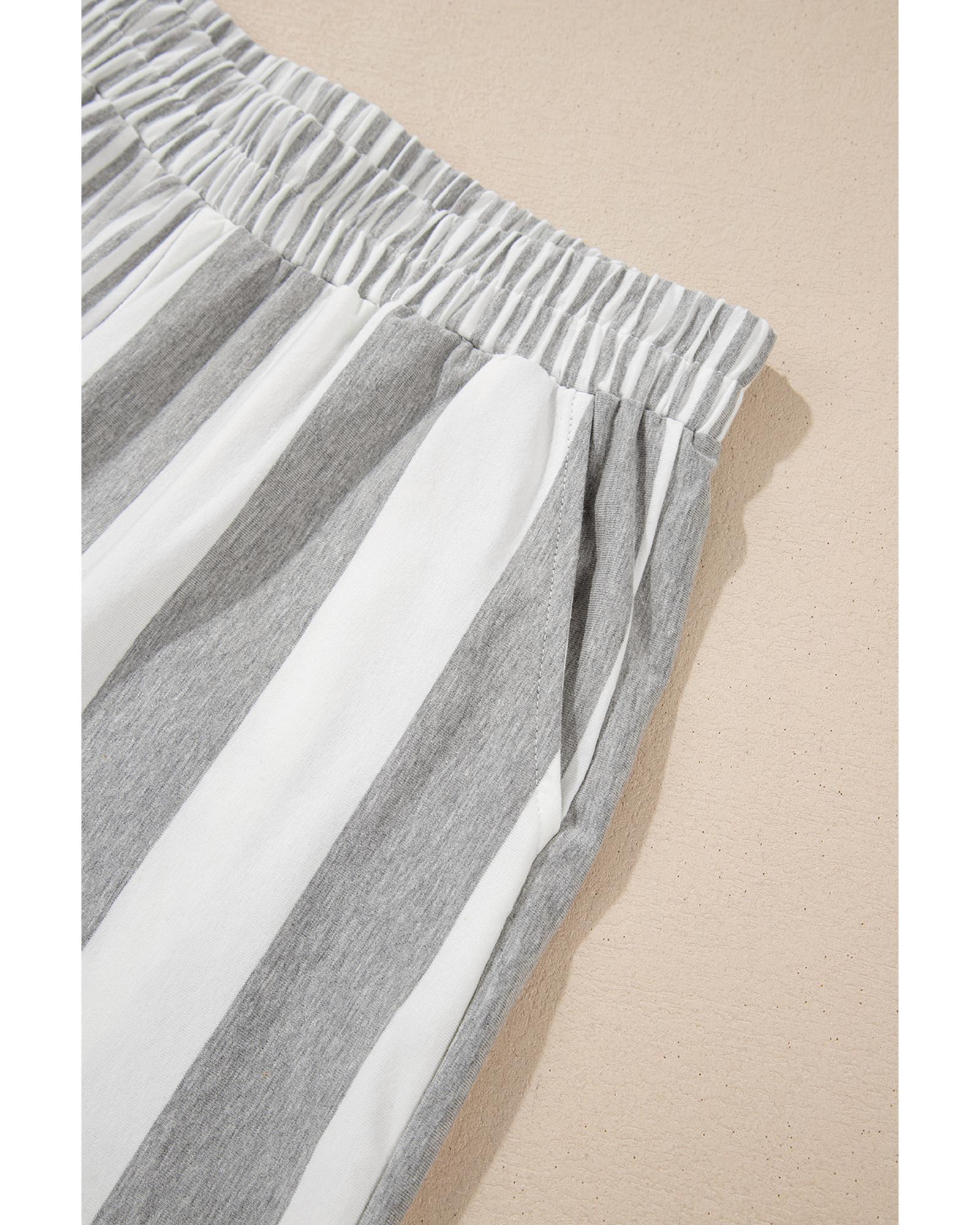 Gray Stripe Mixed Print Short Sleeve Top and Pocketed Shorts Set - M 6