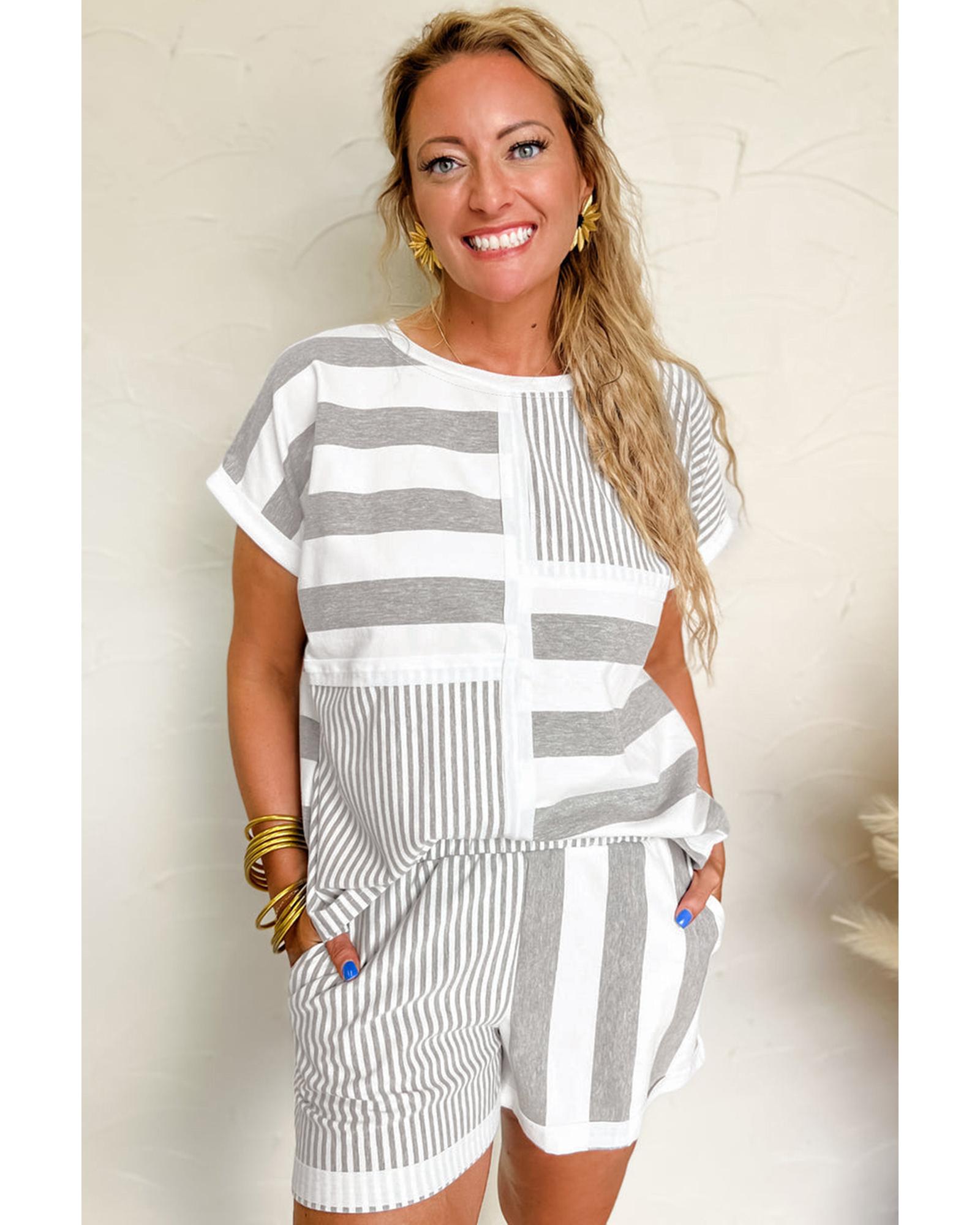 Gray Stripe Mixed Print Short Sleeve Top and Pocketed Shorts Set - S 3