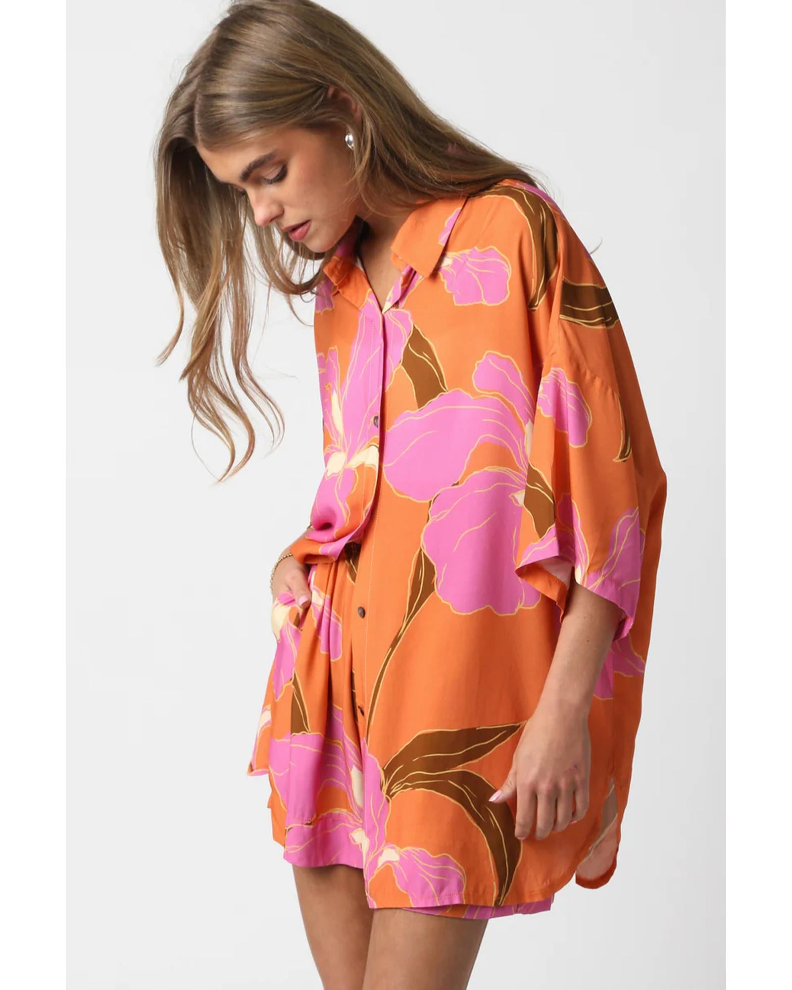 Russet Orange Floral Print Tunic Shirt and Shorts Set - XL 3