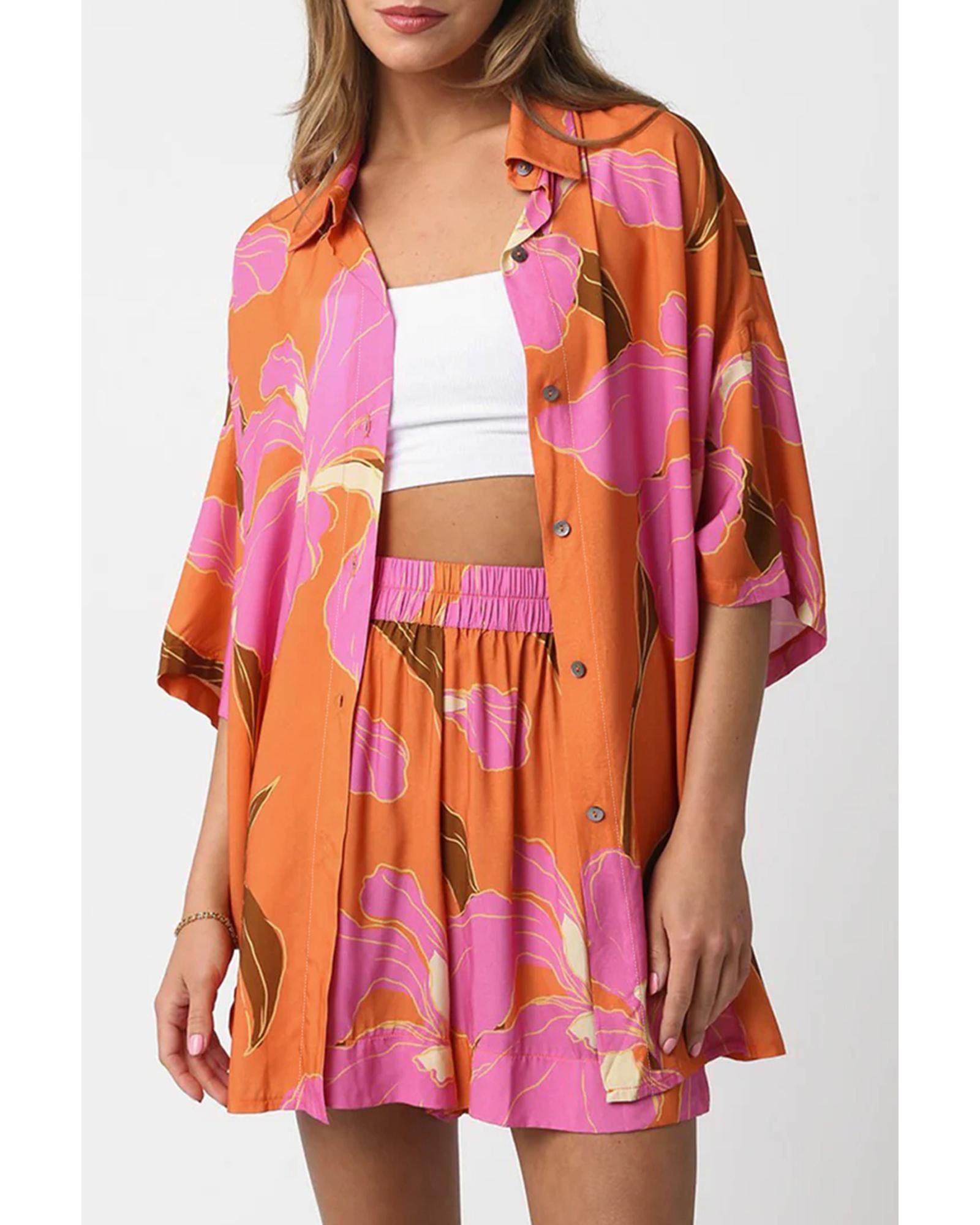 Russet Orange Floral Print Tunic Shirt and Shorts Set - XL 7
