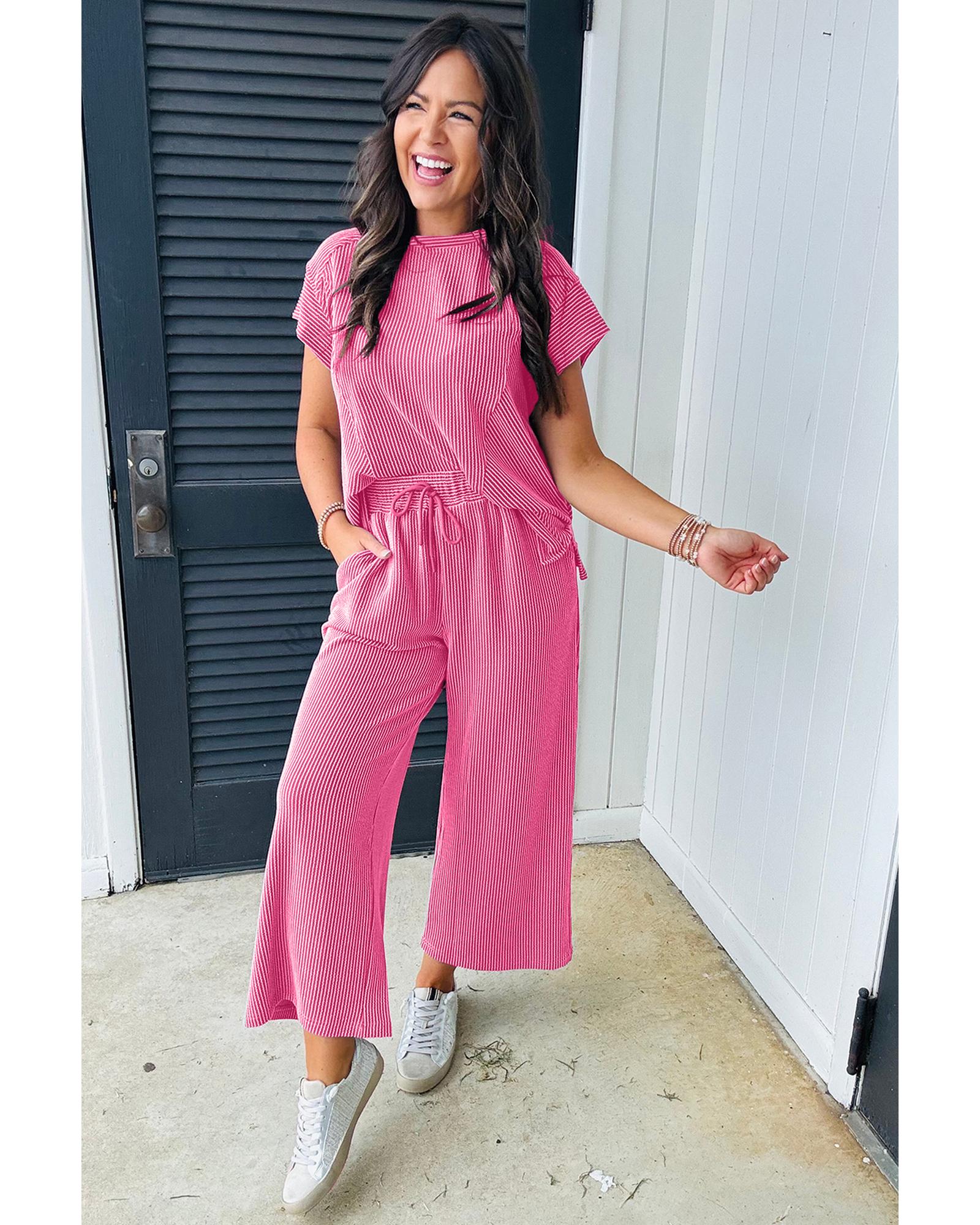 Bright Pink Solid Corded Knit Short Sleeve T Shirt and Wide Leg Pants Set - L 6