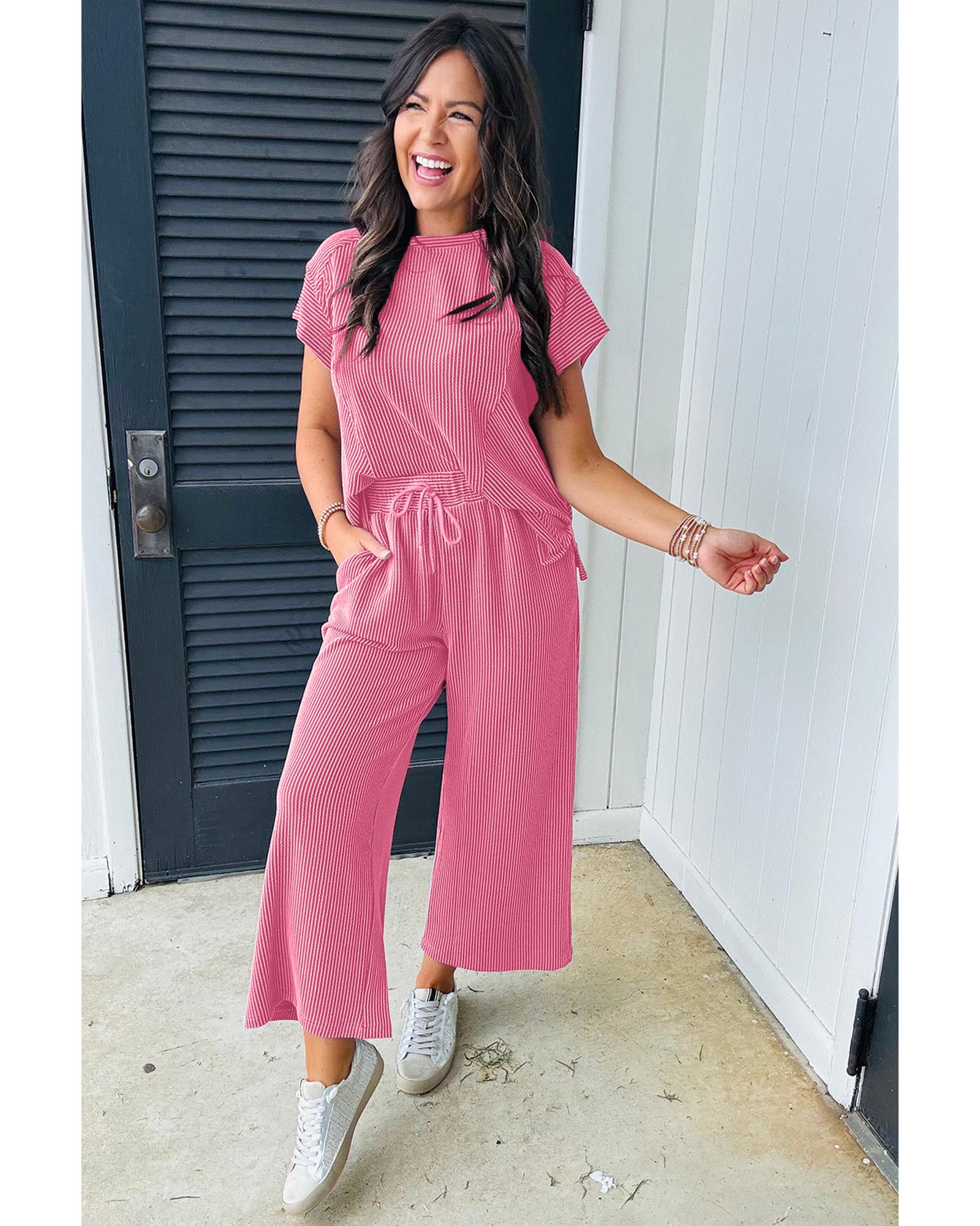 Bright Pink Solid Corded Knit Short Sleeve T Shirt and Wide Leg Pants Set - M 5