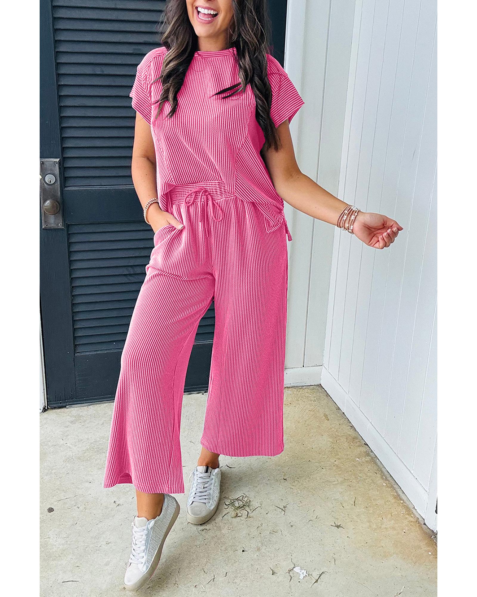 Bright Pink Solid Corded Knit Short Sleeve T Shirt and Wide Leg Pants Set - XL