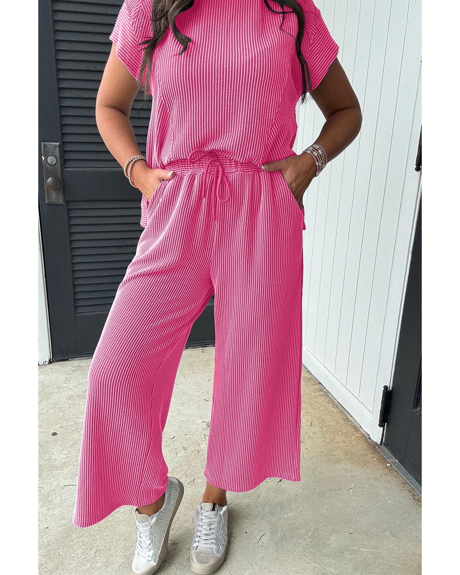 Bright Pink Solid Corded Knit Short Sleeve T Shirt and Wide Leg Pants Set - XL 3