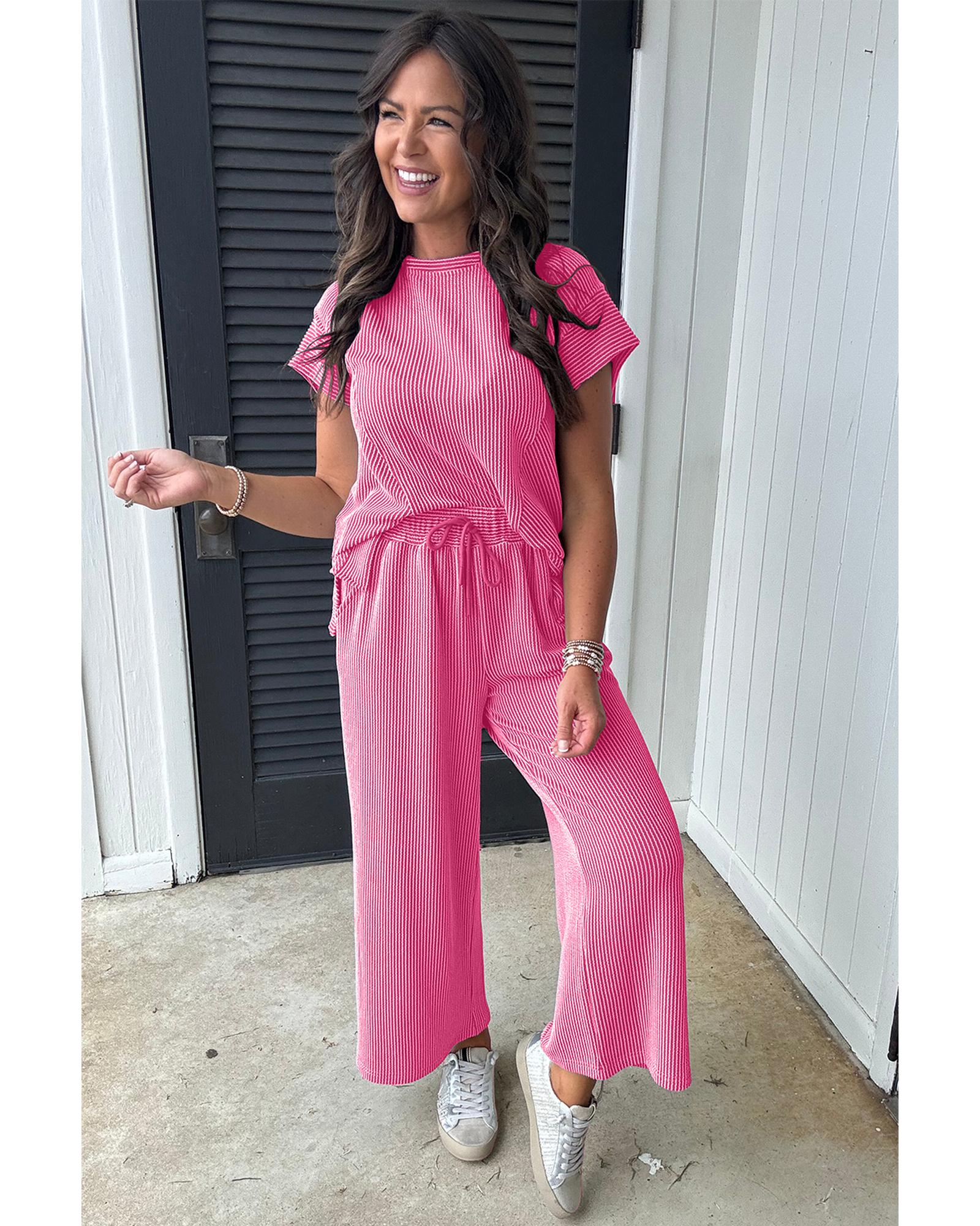 Bright Pink Solid Corded Knit Short Sleeve T Shirt and Wide Leg Pants Set - XL 4