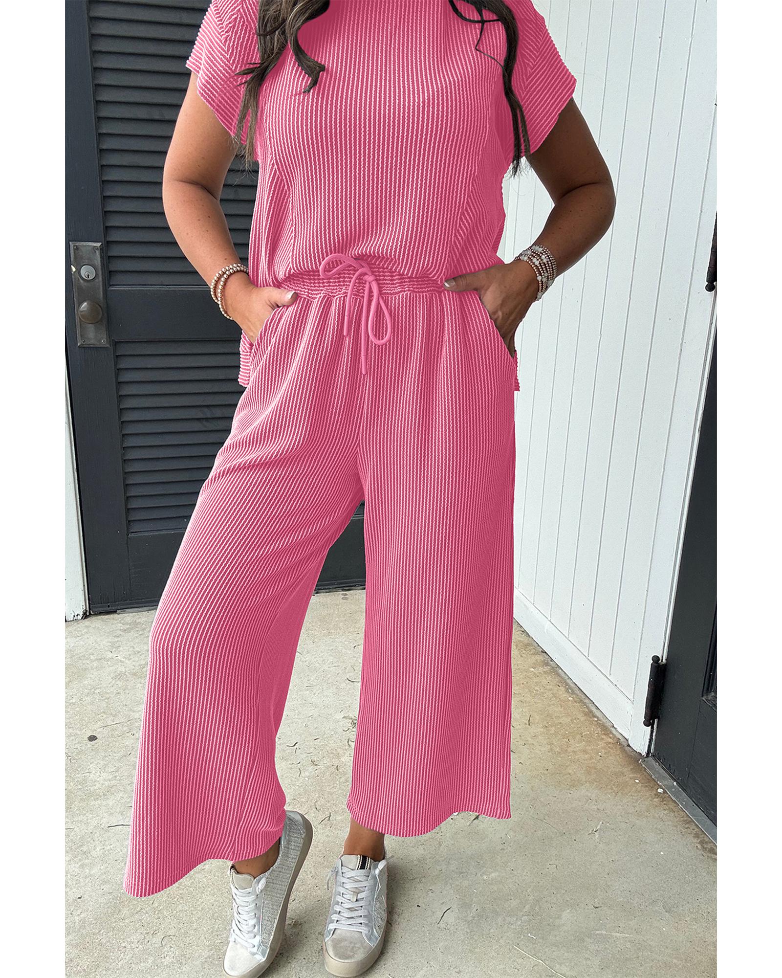 Bright Pink Solid Corded Knit Short Sleeve T Shirt and Wide Leg Pants Set - XL 8