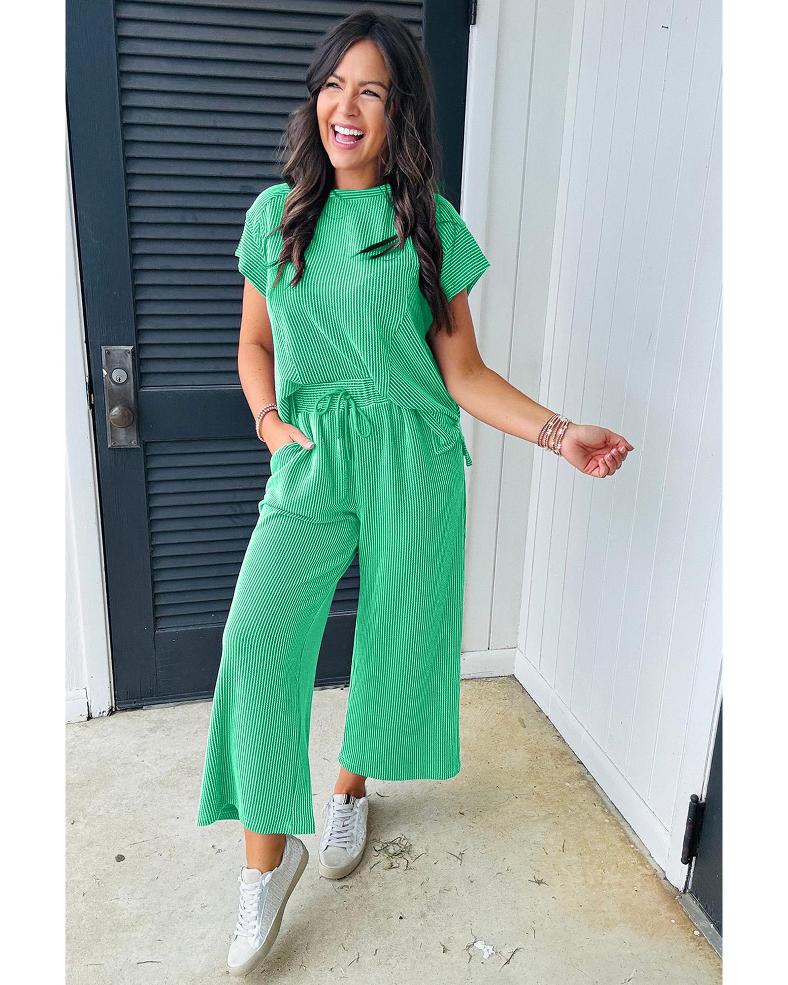 Bright Green Solid Corded Knit Short Sleeve T Shirt and Wide Leg Pants Set - M 3
