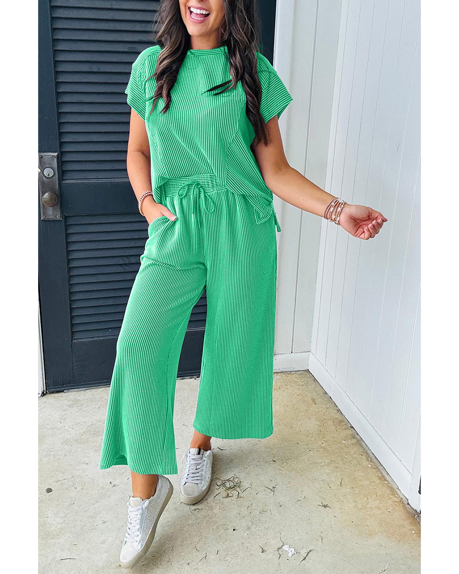 Bright Green Solid Corded Knit Short Sleeve T Shirt and Wide Leg Pants Set - M 4