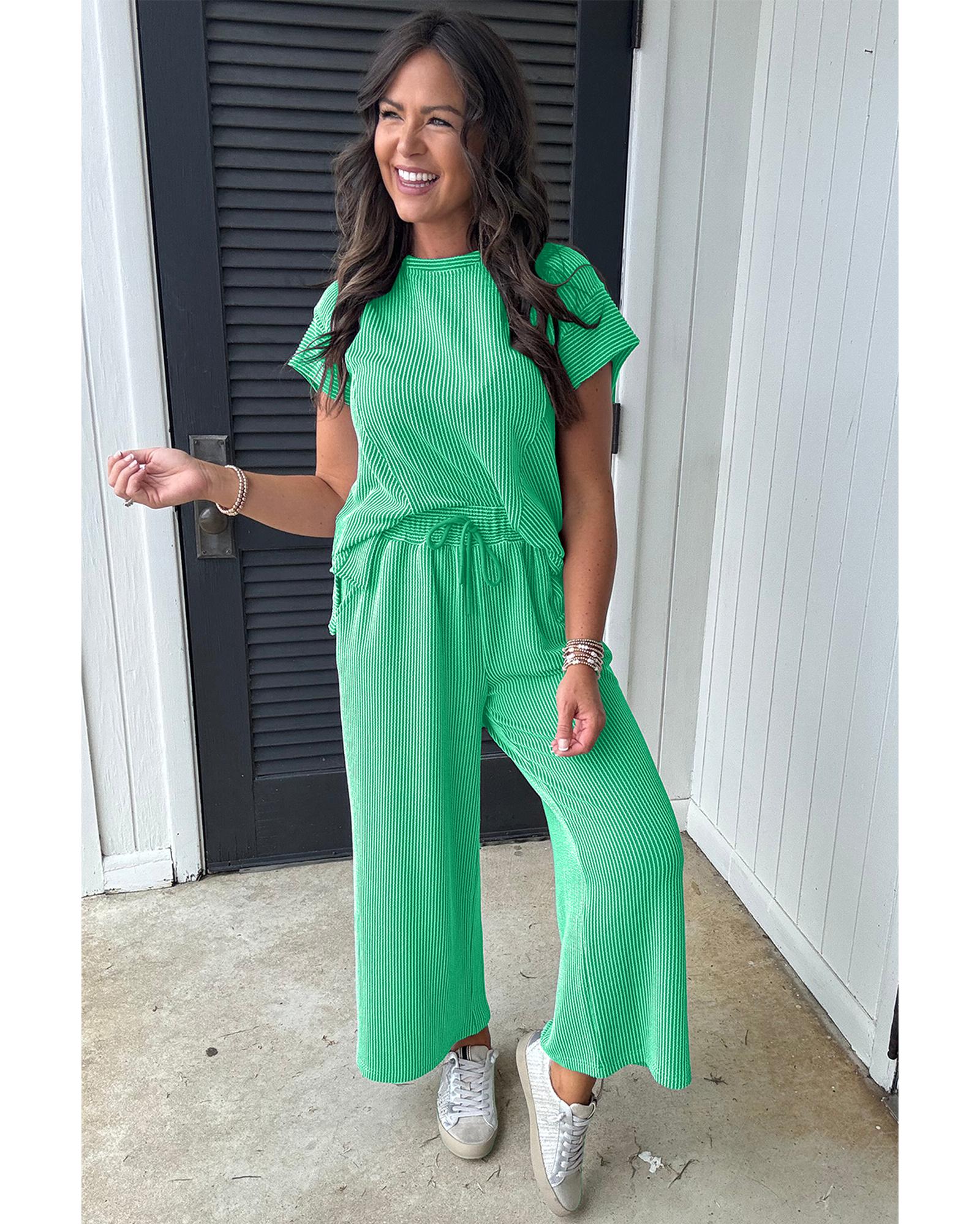 Bright Green Solid Corded Knit Short Sleeve T Shirt and Wide Leg Pants Set - M 5