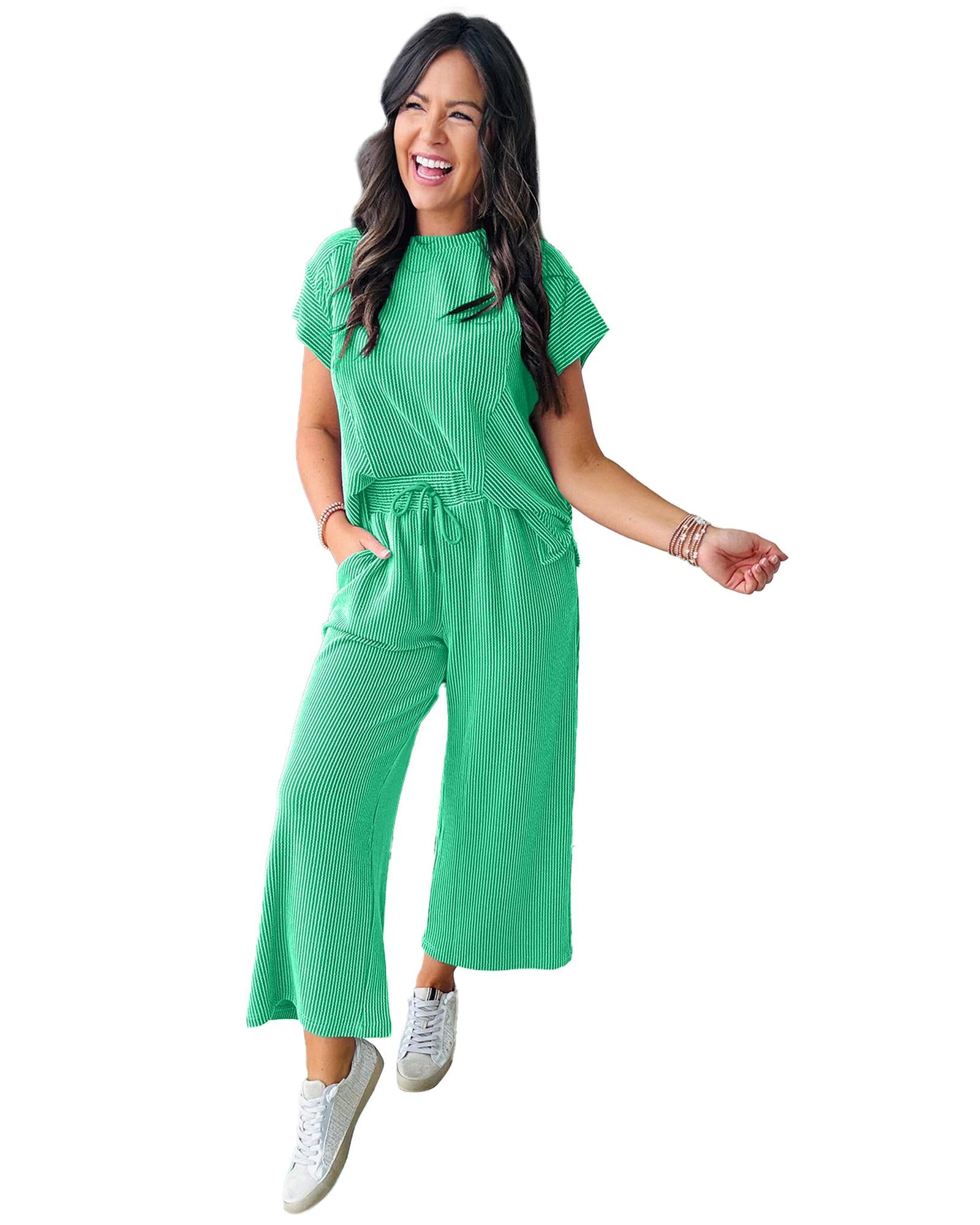 Bright Green Solid Corded Knit Short Sleeve T Shirt and Wide Leg Pants Set - M 8