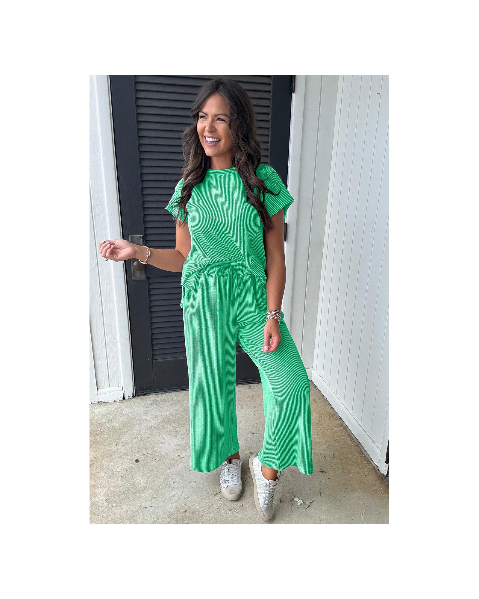 Bright Green Solid Corded Knit Short Sleeve T Shirt and Wide Leg Pants Set - XL