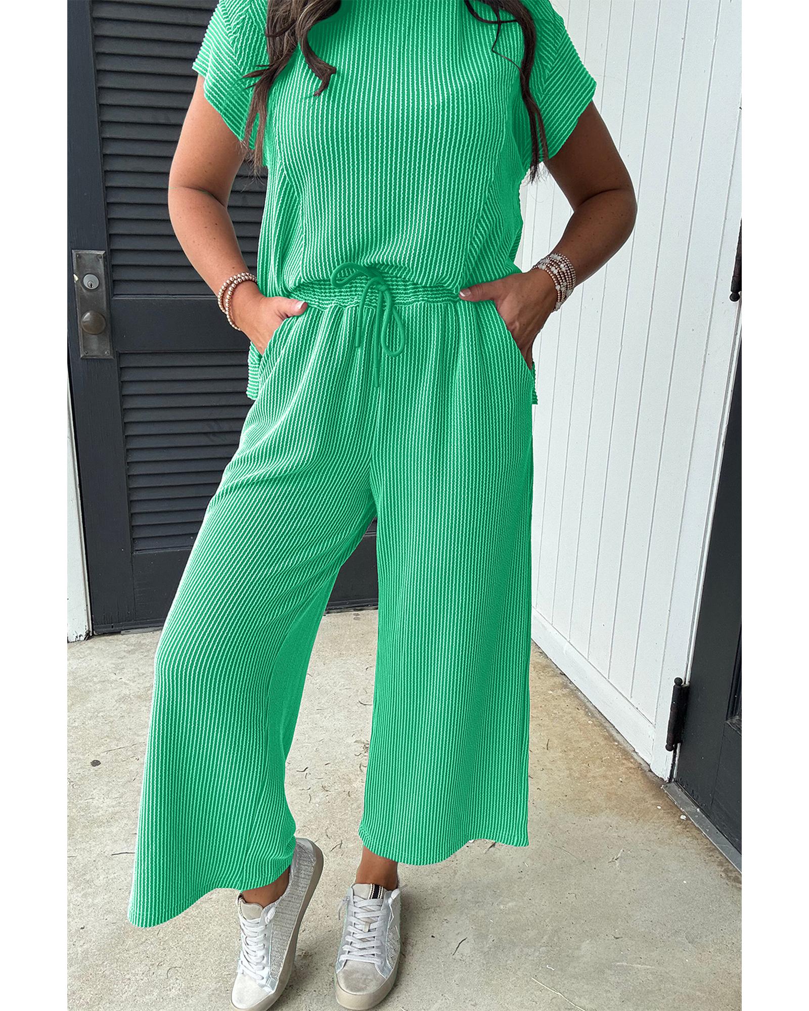 Bright Green Solid Corded Knit Short Sleeve T Shirt and Wide Leg Pants Set - XL