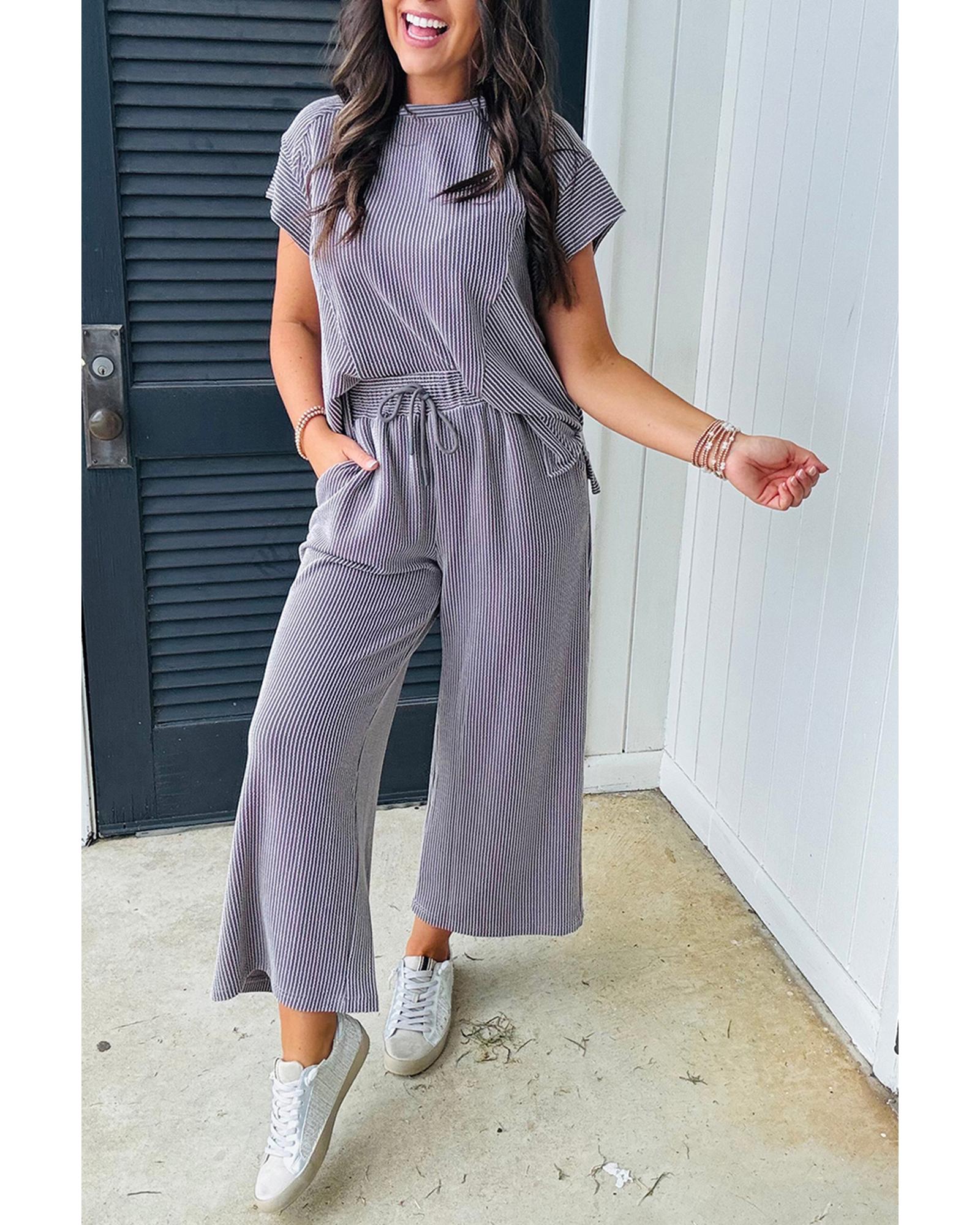 Wild Wind Solid Corded Knit Short Sleeve T Shirt and Wide Leg Pants Set - S 4