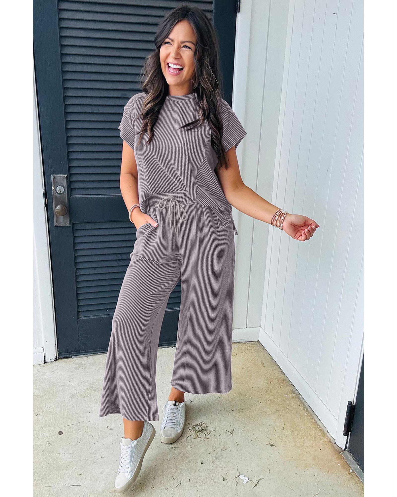 Wild Wind Solid Corded Knit Short Sleeve T Shirt and Wide Leg Pants Set - S 6