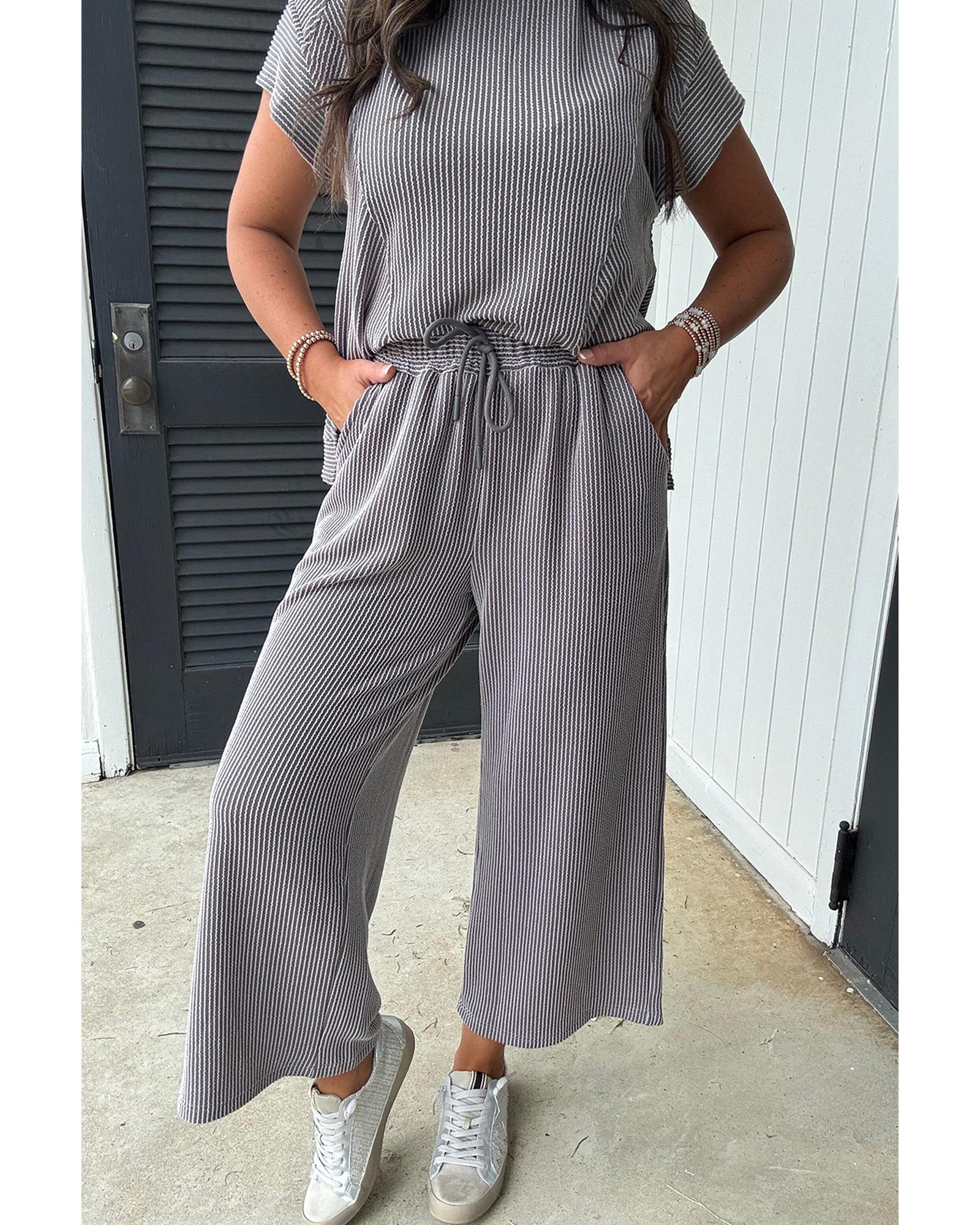 Wild Wind Solid Corded Knit Short Sleeve T Shirt and Wide Leg Pants Set - S 7