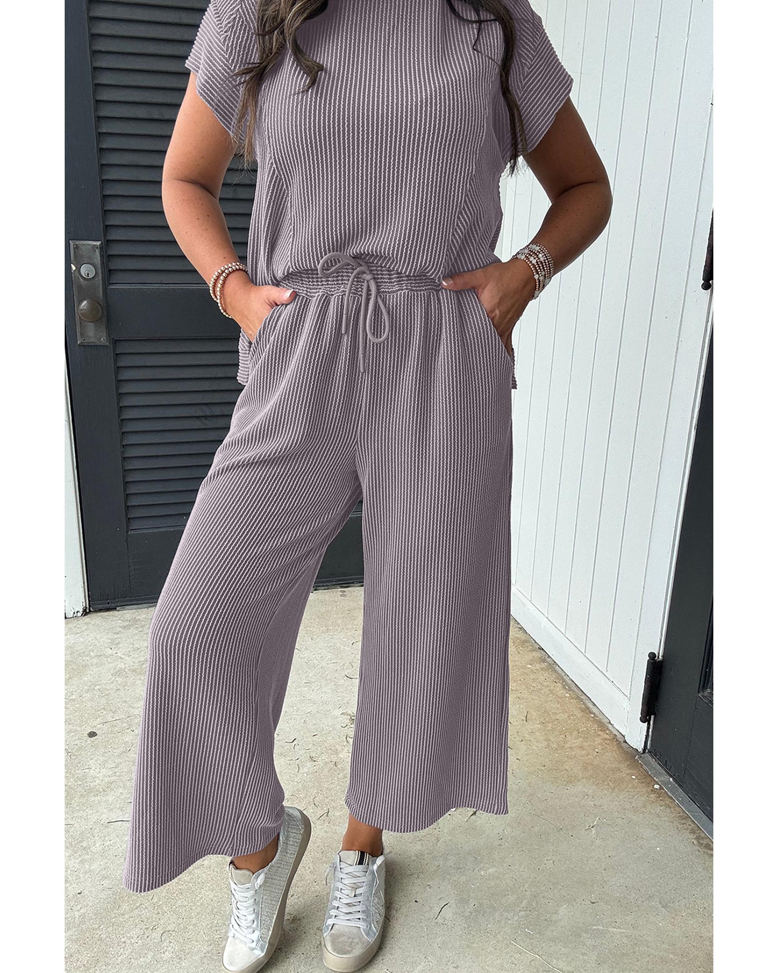 Wild Wind Solid Corded Knit Short Sleeve T Shirt and Wide Leg Pants Set - S 8