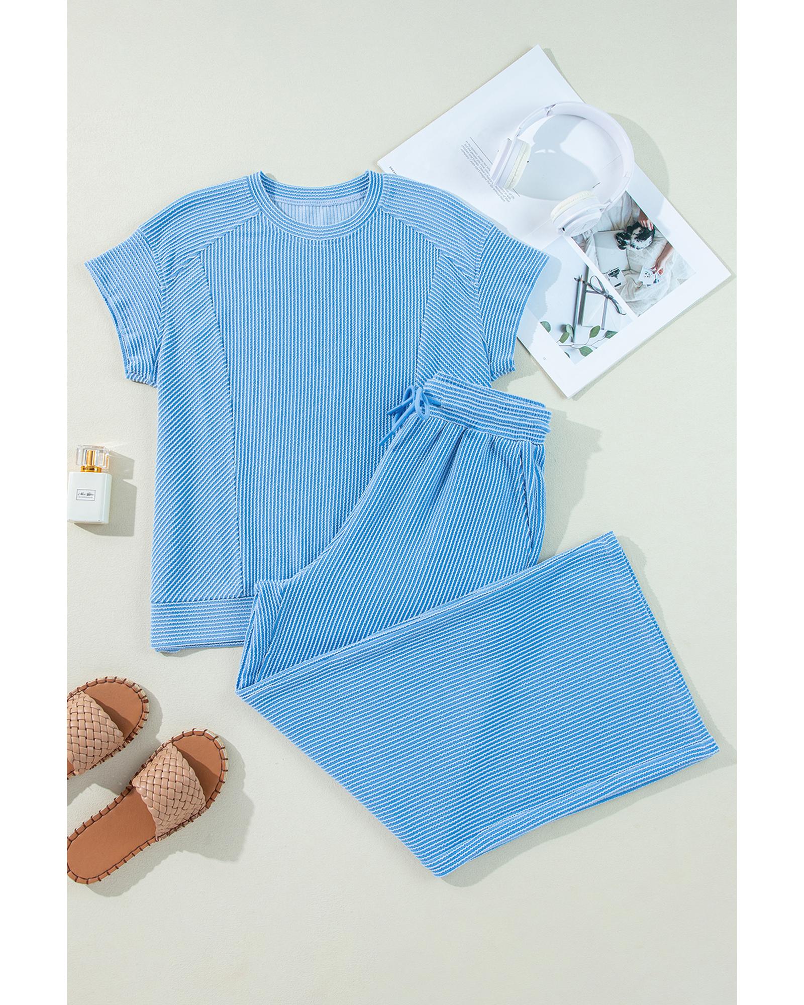 Blue Solid Corded Knit Short Sleeve T Shirt and Wide Leg Pants Set - L 3
