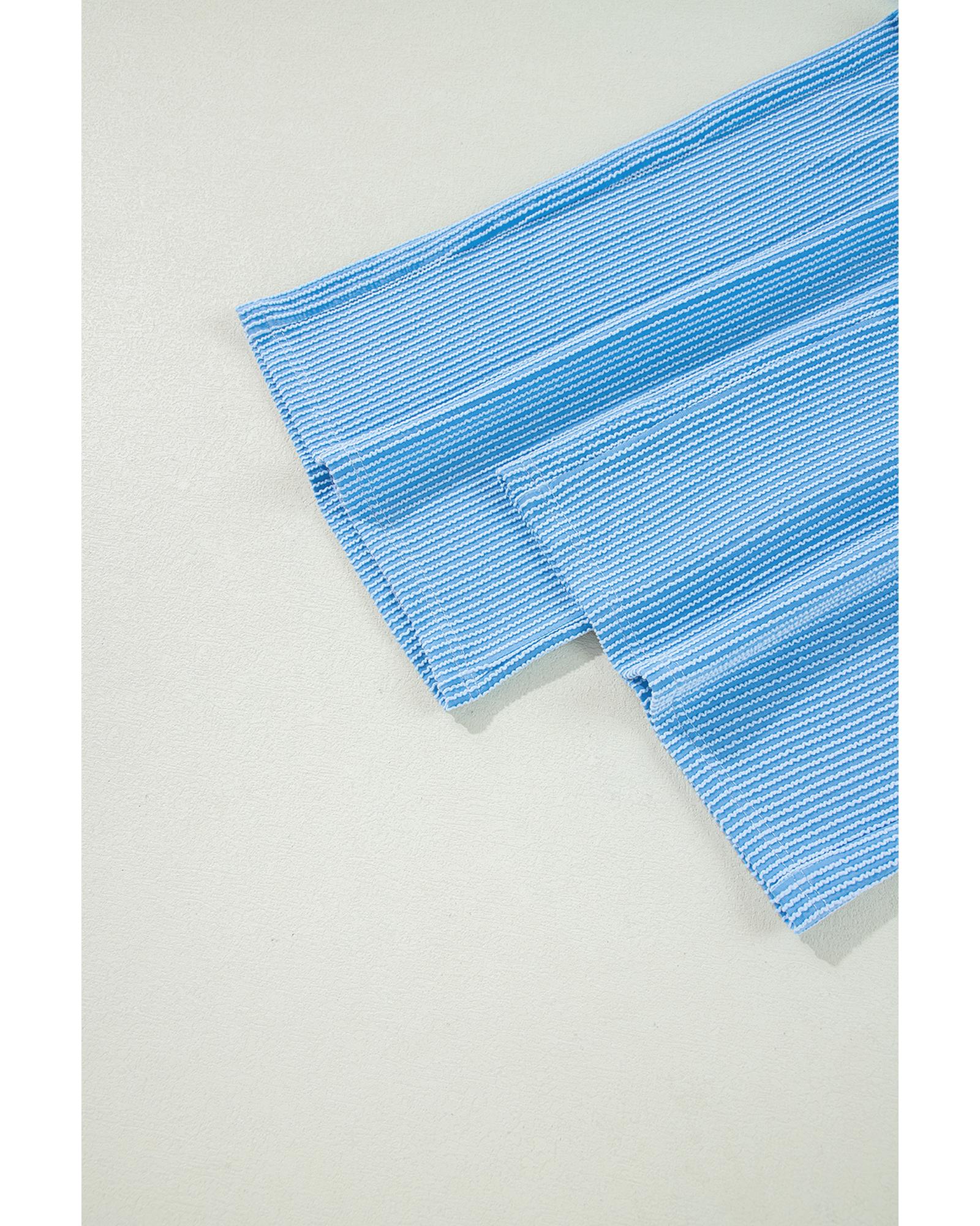 Blue Solid Corded Knit Short Sleeve T Shirt and Wide Leg Pants Set - L 6