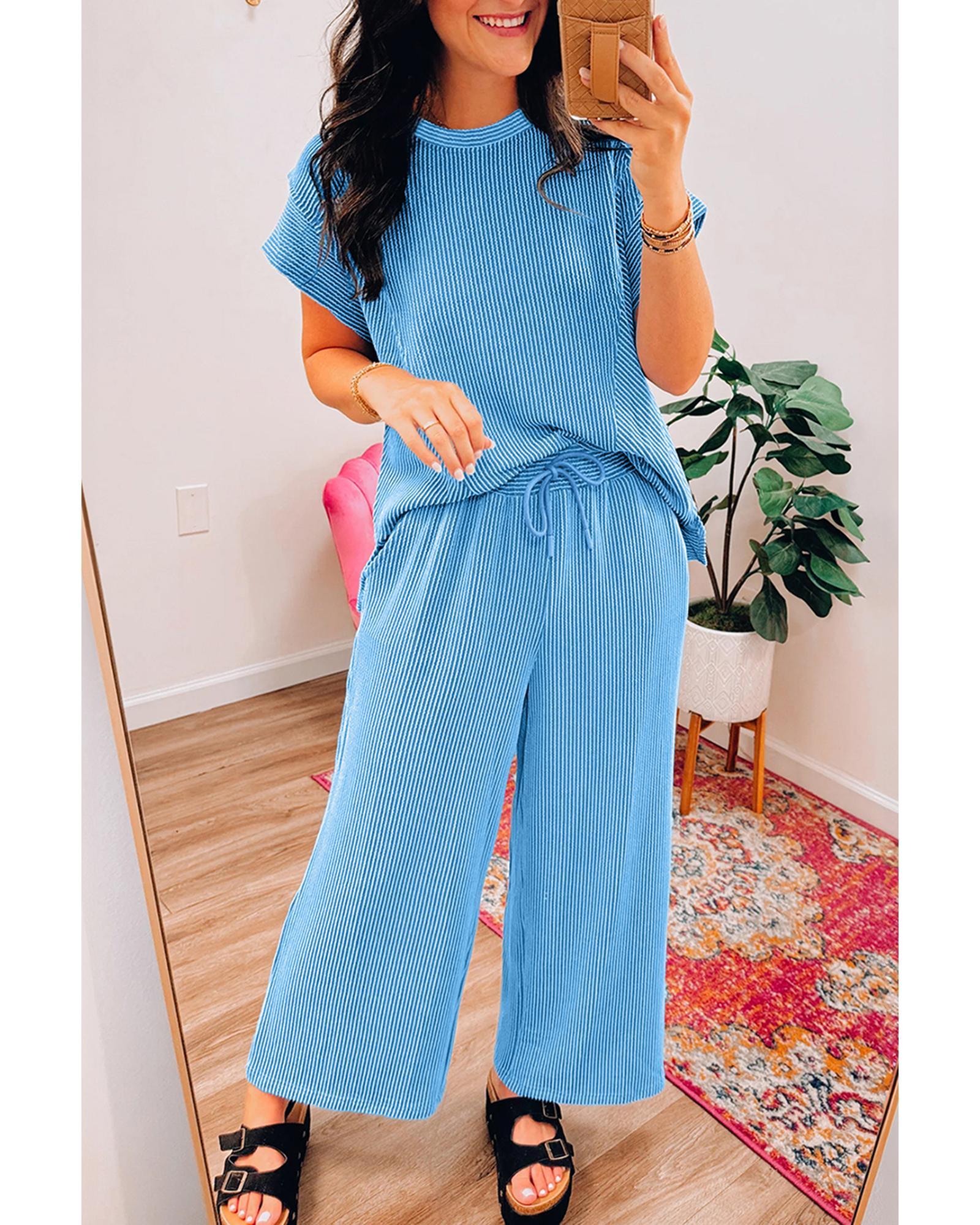 Blue Solid Corded Knit Short Sleeve T Shirt and Wide Leg Pants Set - L 8